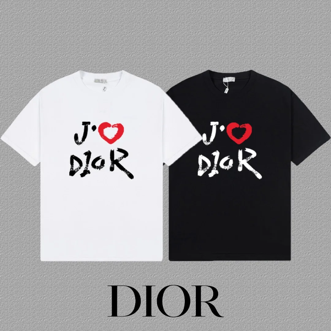 🅿️170 [DIOR Dior] 2025FW short-sleeved T-shirt LOGO printing High-end 26s double yarn 300g fabric Heavy fabric Customized frame ribbing in the same cylinder and dyeing Complete three standards Same style for men and women Color: Black White Size: S M L XL 2XL