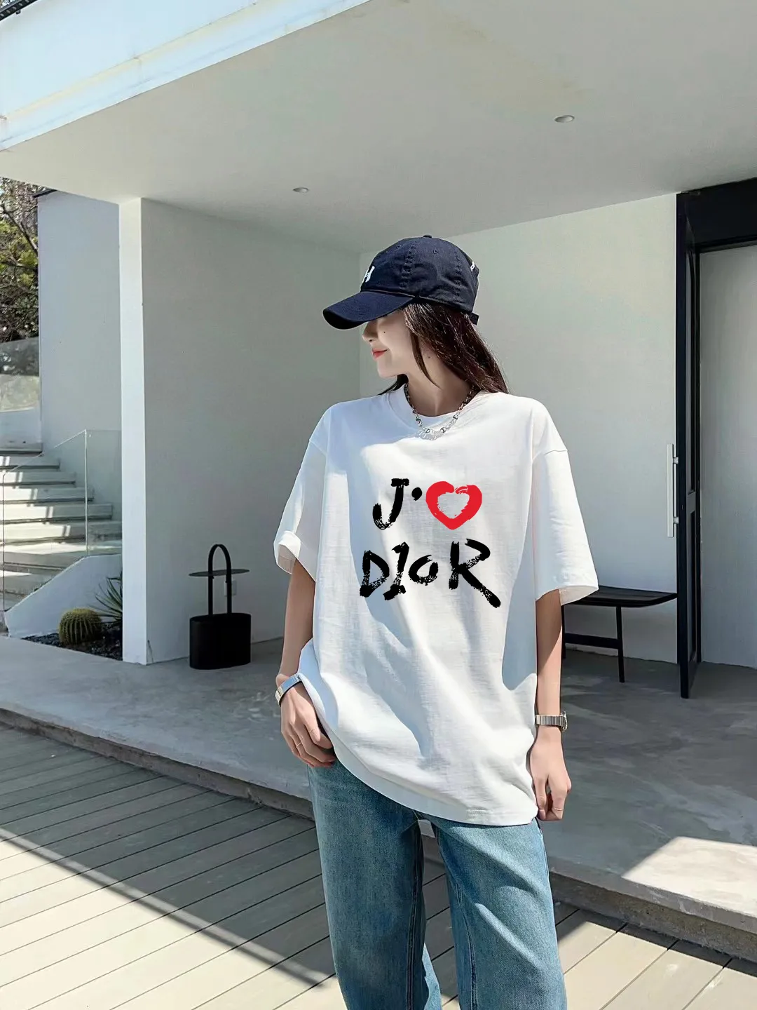 🅿️170 [DIOR Dior] 2025FW short-sleeved T-shirt LOGO printing High-end 26s double yarn 300g fabric Heavy fabric Customized frame ribbing in the same cylinder and dyeing Complete three standards Same style for men and women Color: Black White Size: S M L XL 2XL