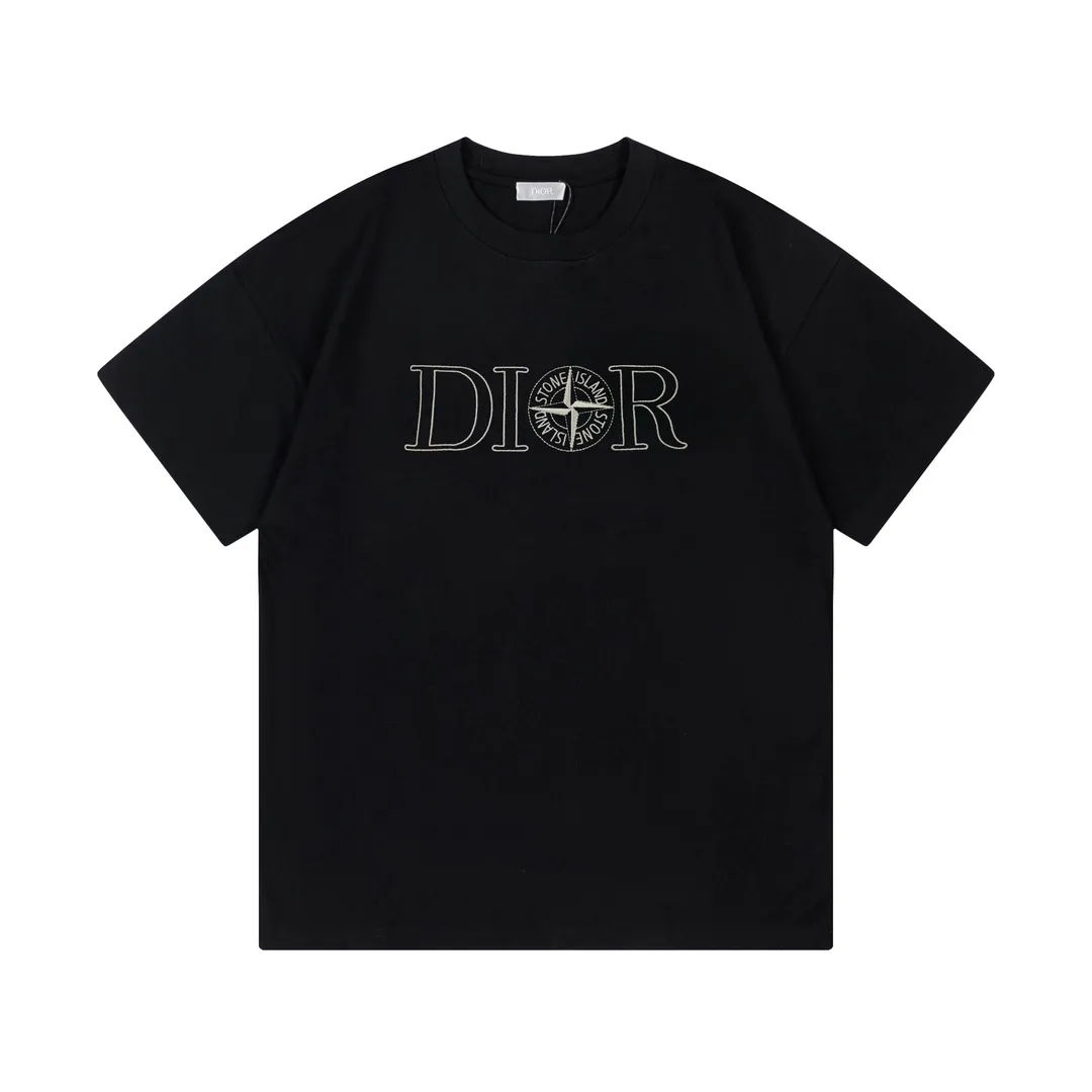 🅿️170 Dior Dior 2025 new model co-branded Stone Island limited series High-density embroidered letter logo Unisex short-sleeved T-shirt · Customized 280g 100% double yarn pure cotton fabric · Custom dyed 32 double-strand threads · Imported Tajima machine embroidery technology · Collar label, hangtag, main mark and three complete labels Color: black Size: XS S M L