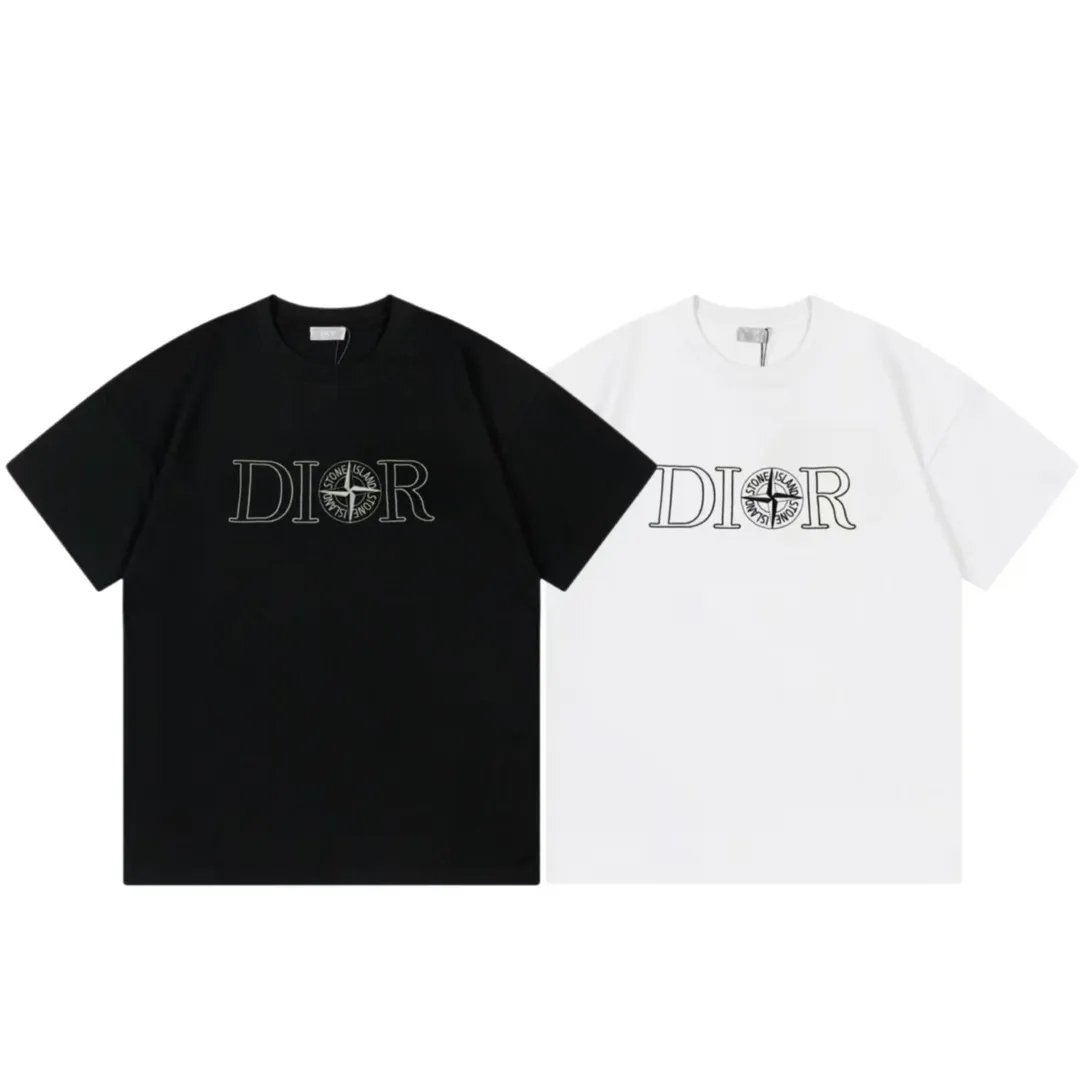 🅿️170 Dior Dior 2025 new model co-branded Stone Island limited series High-density embroidered letter logo Unisex short-sleeved T-shirt · Customized 280g 100% double yarn pure cotton fabric · Custom dyed 32 double-strand threads · Imported Tajima machine embroidery technology · Collar label, hangtag, main mark and three complete labels Color: black Size: XS S M L