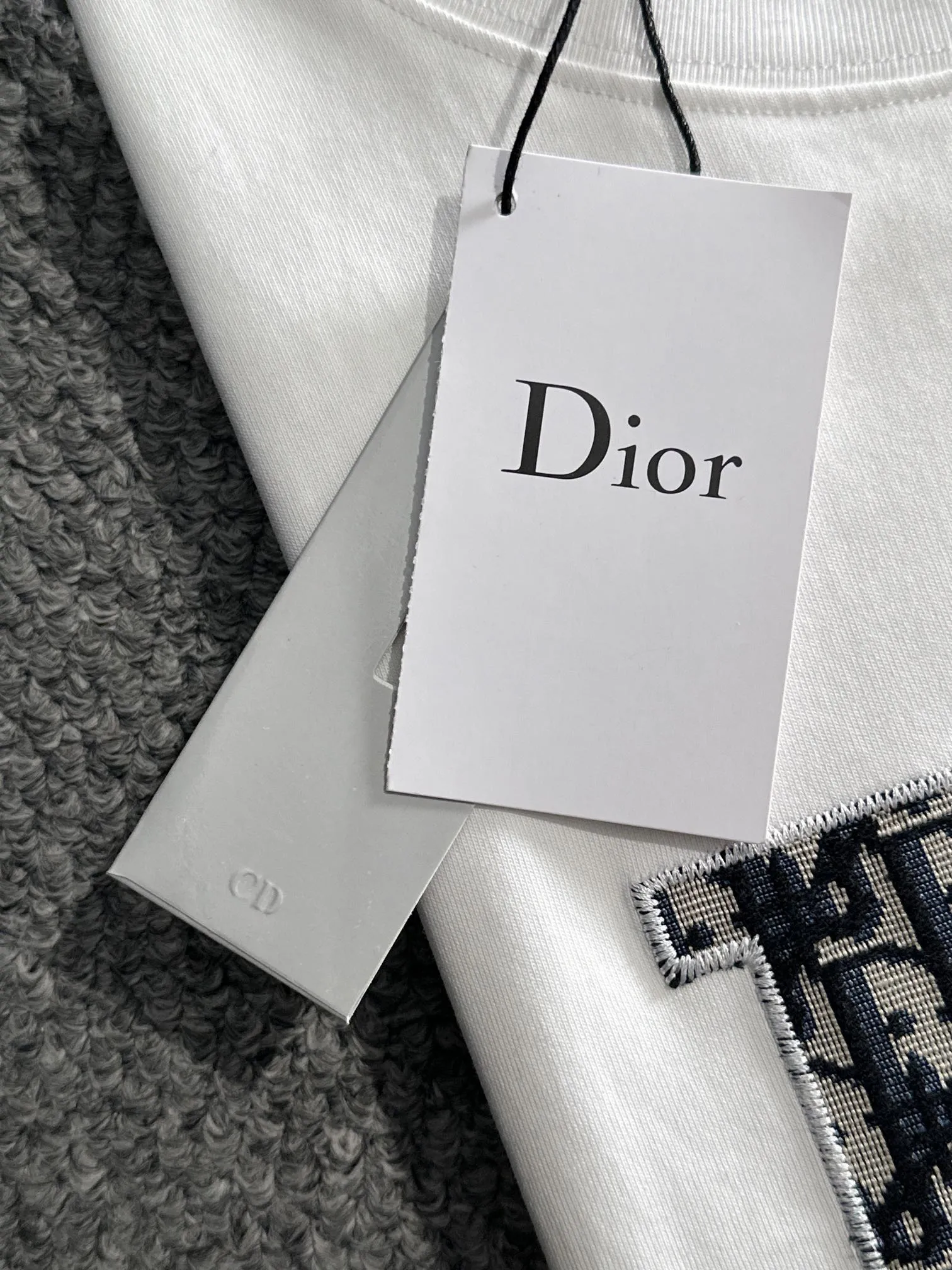 🅿️170 (arrives the next day) Dior 2025 new style patch embroidered letter logo, flocked foam stripes on the back, same style for men and women, short-sleeved T-shirt ·Customized 260g 100% double yarn pure cotton fabric ·Custom dyed 32 count double-strand thread ·Collar label, hangtag, main mark and three labels complete Color: White Size: XS S M L