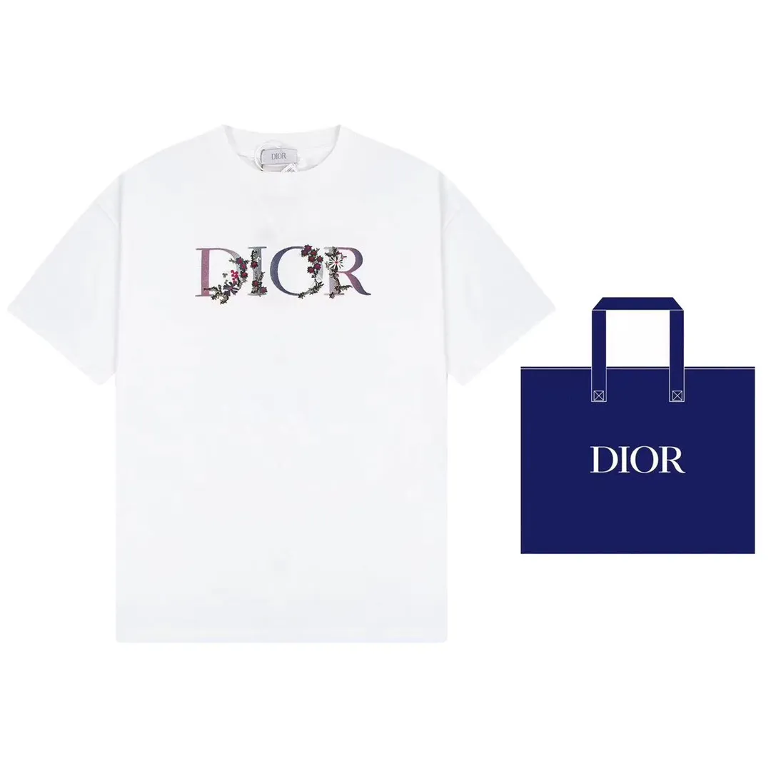 🅿️190 (➕5🉑 Comes with handbag) DIOR Dior Floral Letters Logo Gradient Color Embroidery Golden Classic Short-Sleeved T-shirt Customized 240g same vat dyed fabric, very comfortable to the touch. Latest brick cabinet synchronization for spring and summer OS off-shoulder version, fashionable and individual, super versatile and good-looking, very suitable for both men and women, must-have style, hangtag, collar label, washed wheat, complete with three labels, style number: 23803 Color: White Size: XS~L