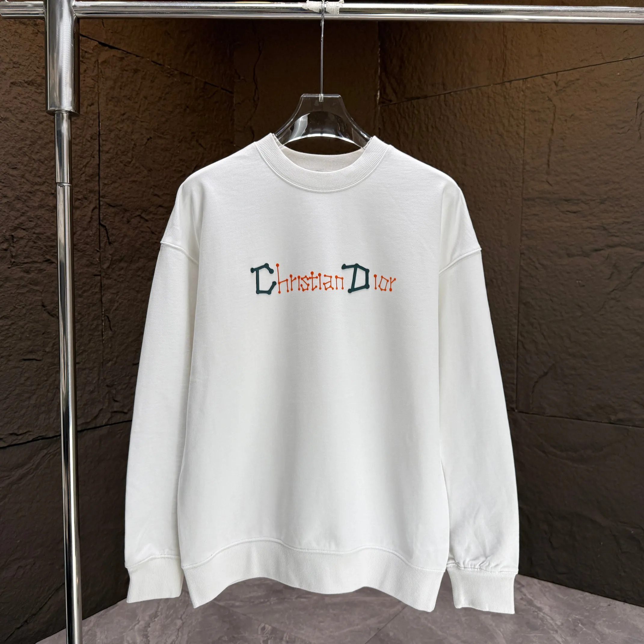 🅿️250 Dio* Dior* 2025 autumn and winter new round neck sweatshirt 400 grams terry cotton letter logo flocking ➕skin-feeling cotton Color: Black White Blue Gray Size: S M L XL XXL