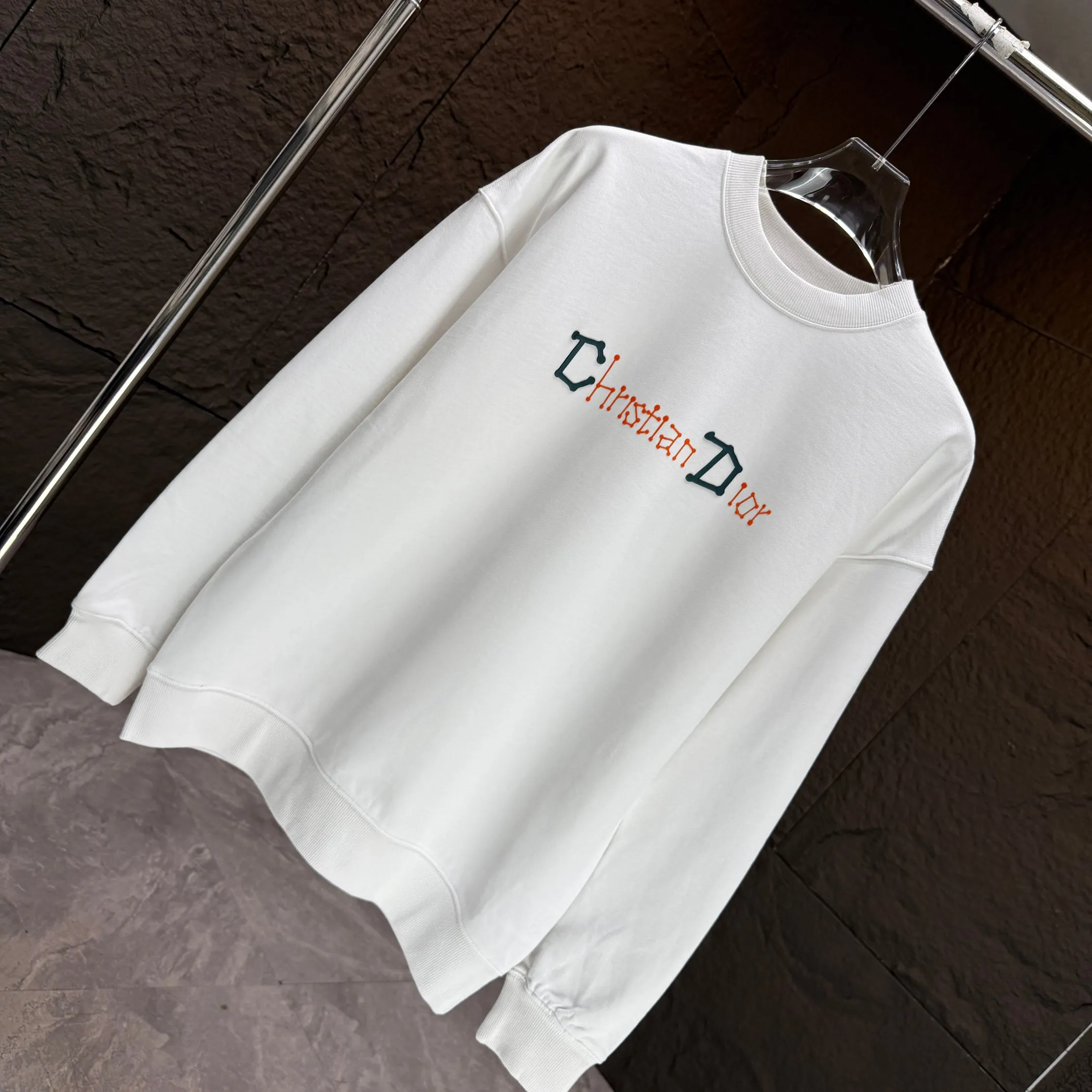🅿️250 Dio* Dior* 2025 autumn and winter new round neck sweatshirt 400 grams terry cotton letter logo flocking ➕skin-feeling cotton Color: Black White Blue Gray Size: S M L XL XXL
