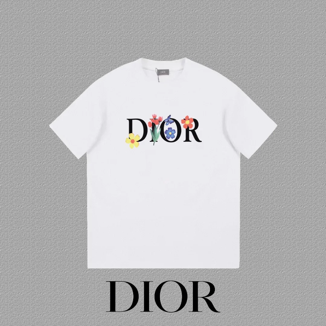 🅿️170 [DIOR Dior] 2025FW short-sleeved T-shirt LOGO printing High-end 26s double yarn 300g fabric Heavy fabric Customized frame ribbing in the same cylinder and dyeing Complete three standards Same style for men and women Color: Black White Size: S M L XL 2XL