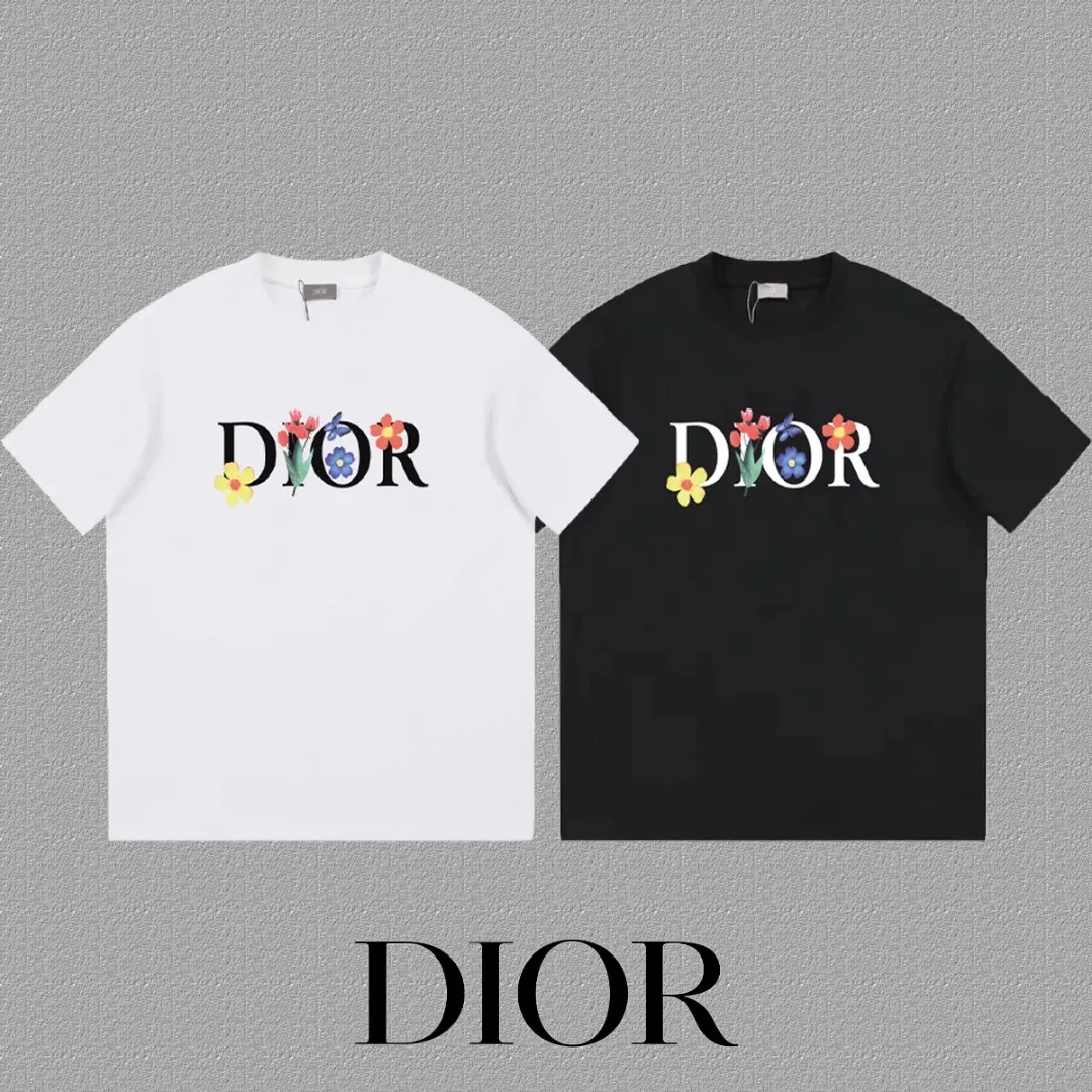 🅿️170 [DIOR Dior] 2025FW short-sleeved T-shirt LOGO printing High-end 26s double yarn 300g fabric Heavy fabric Customized frame ribbing in the same cylinder and dyeing Complete three standards Same style for men and women Color: Black White Size: S M L XL 2XL