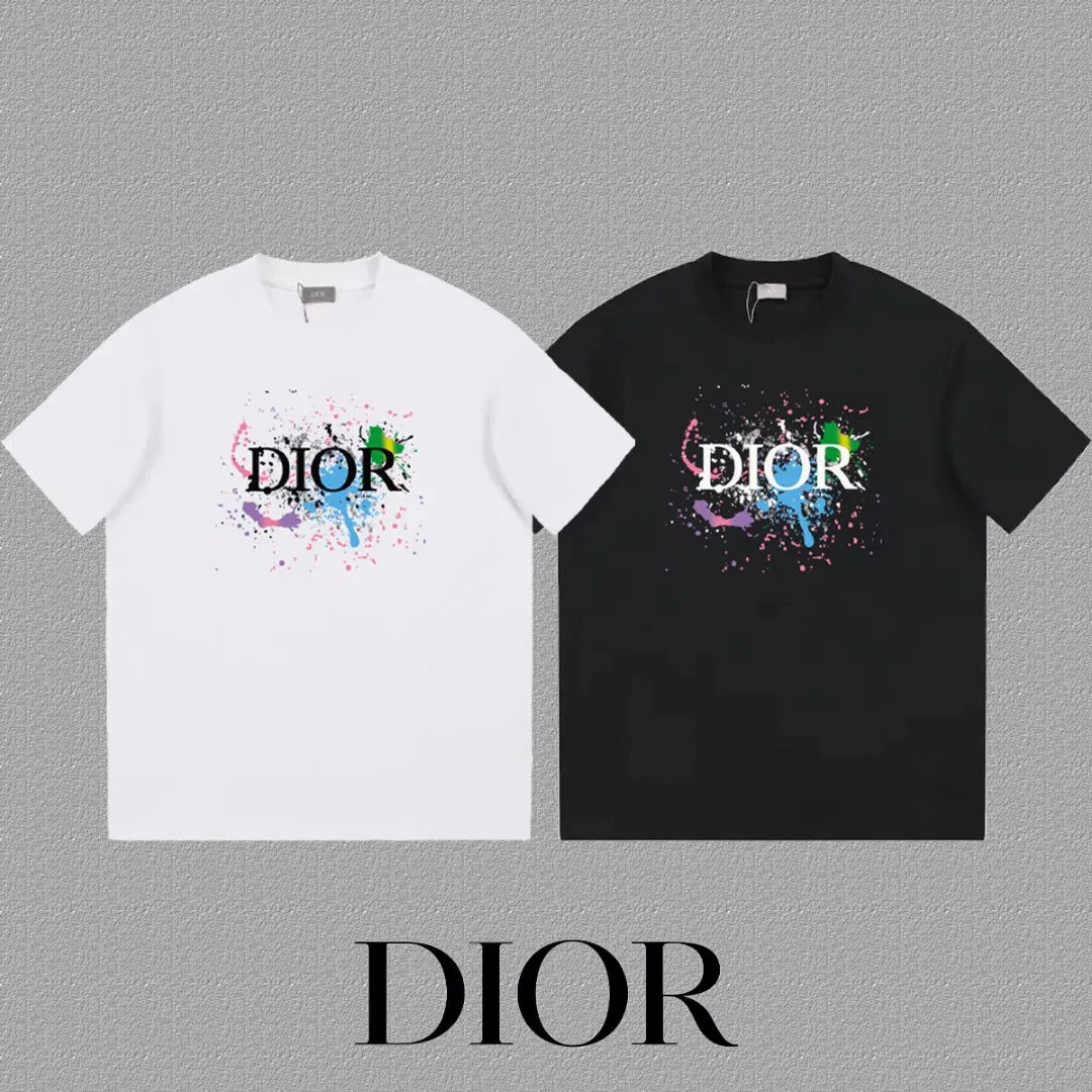 🅿️170 [DIOR Dior] 2025FW short-sleeved T-shirt LOGO printing High-end 26s double yarn 300g fabric Heavy fabric Customized frame ribbing in the same cylinder and dyeing Complete three standards Same style for men and women Color: Black White Size: S M L XL 2XL
