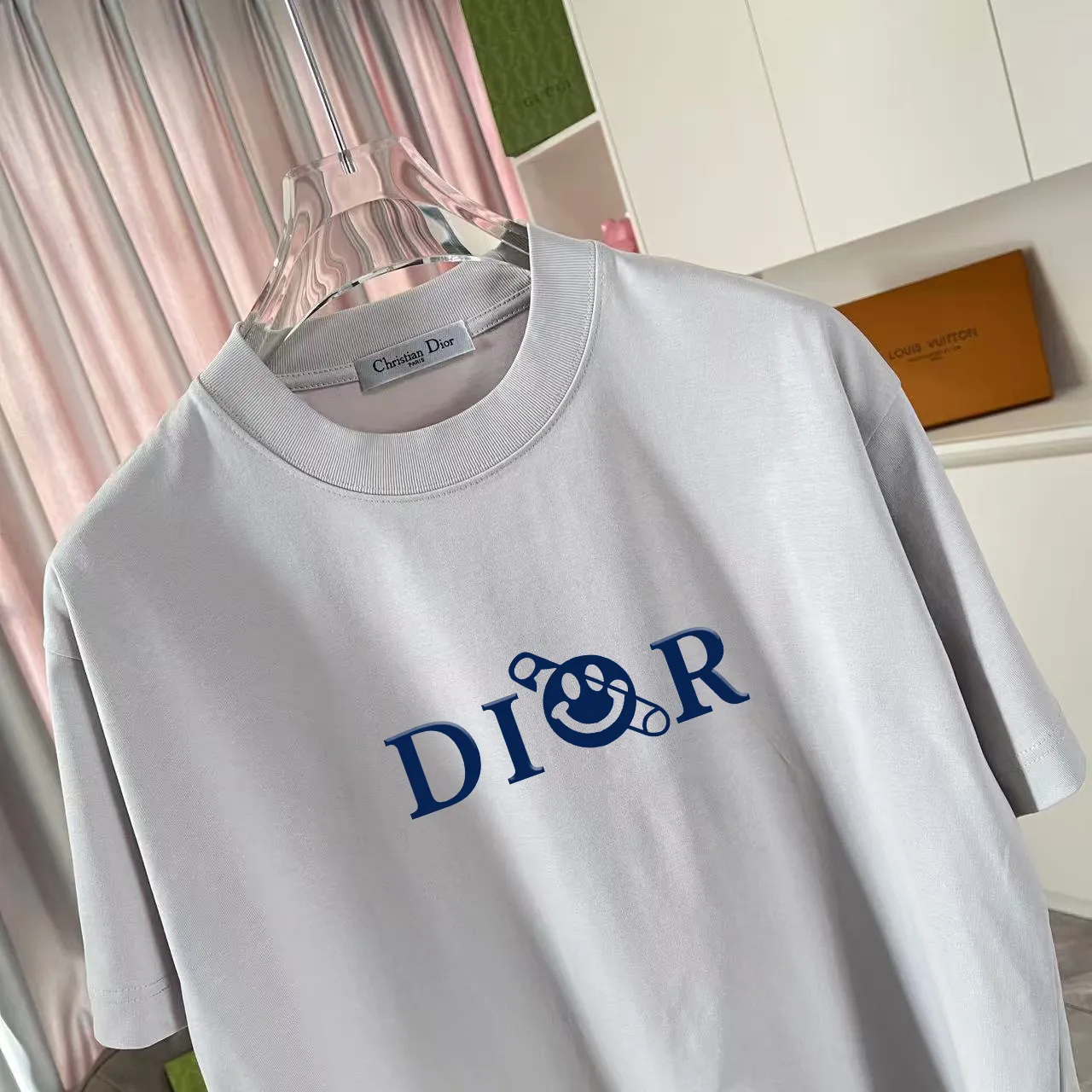 🅿️170 Dio Dior 2025 summer new style Personalized letter logo printing Short-sleeved T-shirt Customized fabric 300g Same style for men and women Color: Black White Sky Blue Iron Gray Size: S M L XL XXL Five codes​