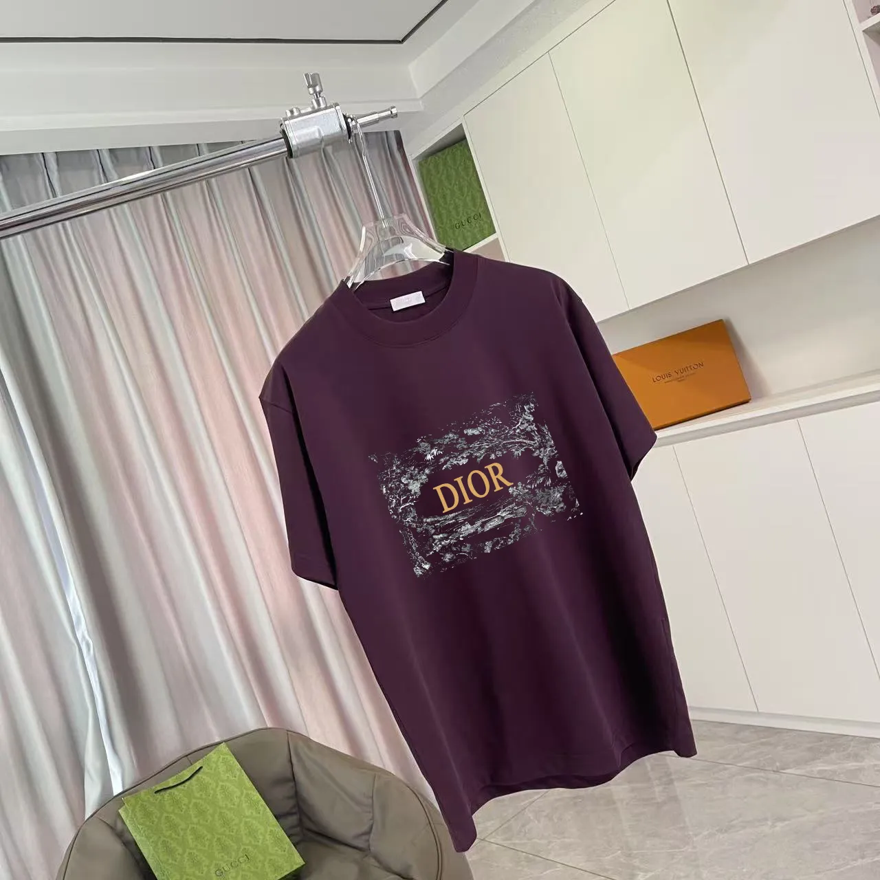 🅿️170 Dio Dior 2025 summer new style Personalized letter logo printing Short-sleeved T-shirt Customized fabric 300g Same style for men and women Color: Black White Rose Red Purple Size: S M L XL XXL Five codes​