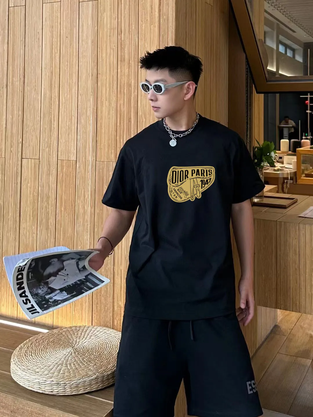 🅿️170 [DIOR Dior] 2025FW short-sleeved T-shirt LOGO printing High-end 26s double yarn 300g fabric Heavy fabric Customized frame ribbing in the same cylinder and dyeing Complete three standards Same style for men and women Color: Black White Size: S M L XL 2XL