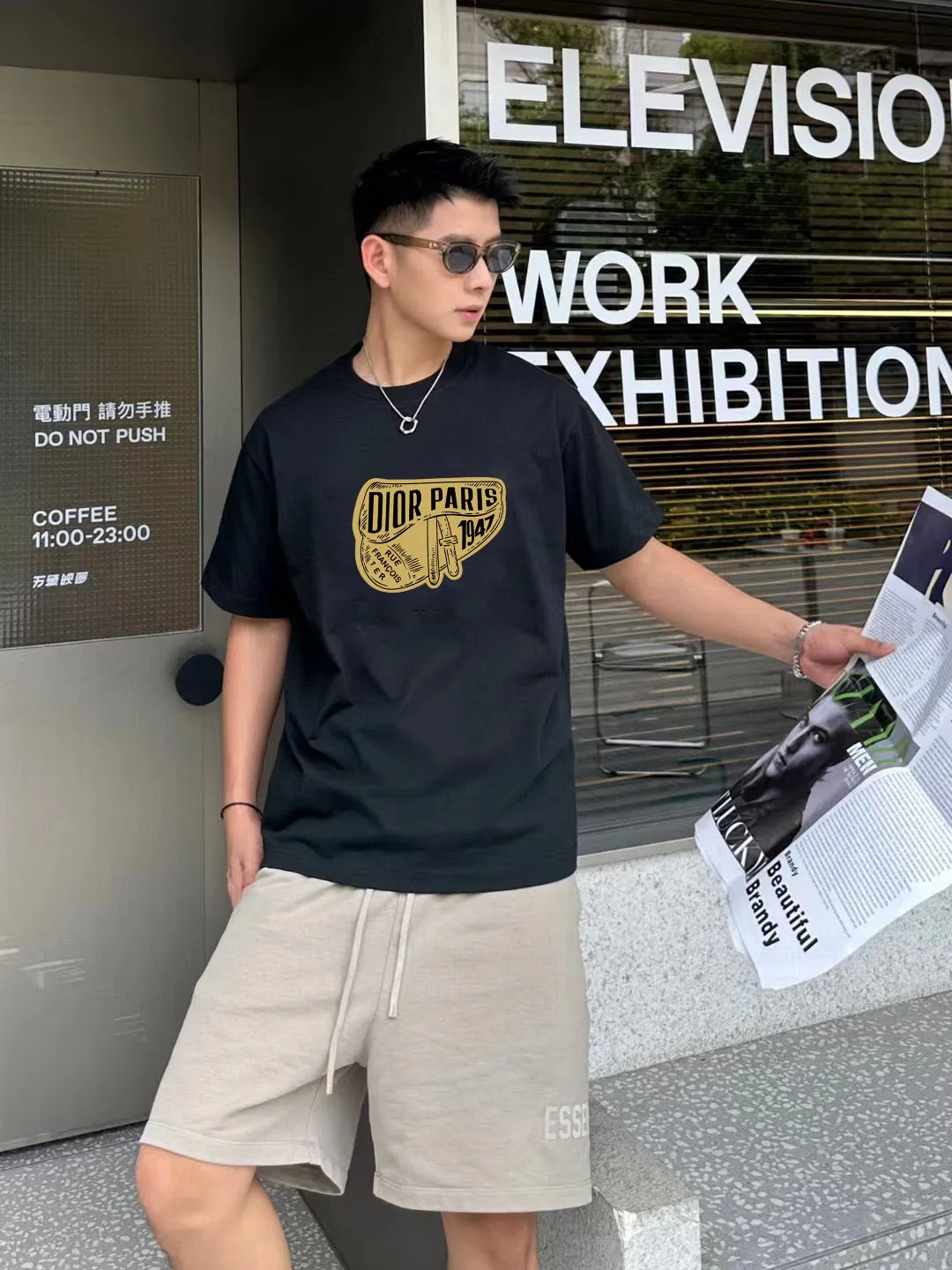 🅿️170 [DIOR Dior] 2025FW short-sleeved T-shirt LOGO printing High-end 26s double yarn 300g fabric Heavy fabric Customized frame ribbing in the same cylinder and dyeing Complete three standards Same style for men and women Color: Black White Size: S M L XL 2XL