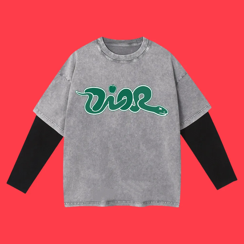 🅿️240 (cooperation profit) High-end quality DIOR 2025SS spring and summer wear fake two-piece washed snowflake series Year of the Snake 🐍 series fake two-piece long T-shirt Using imported Kornit digital direct-injection printing High-quality trendy brand 100% cotton washed 260G fabric dyed ready-made garments dyed➕washed fried snowflake OS loose off-shoulder version same style for men and women size：S.M.L.XL.2XL