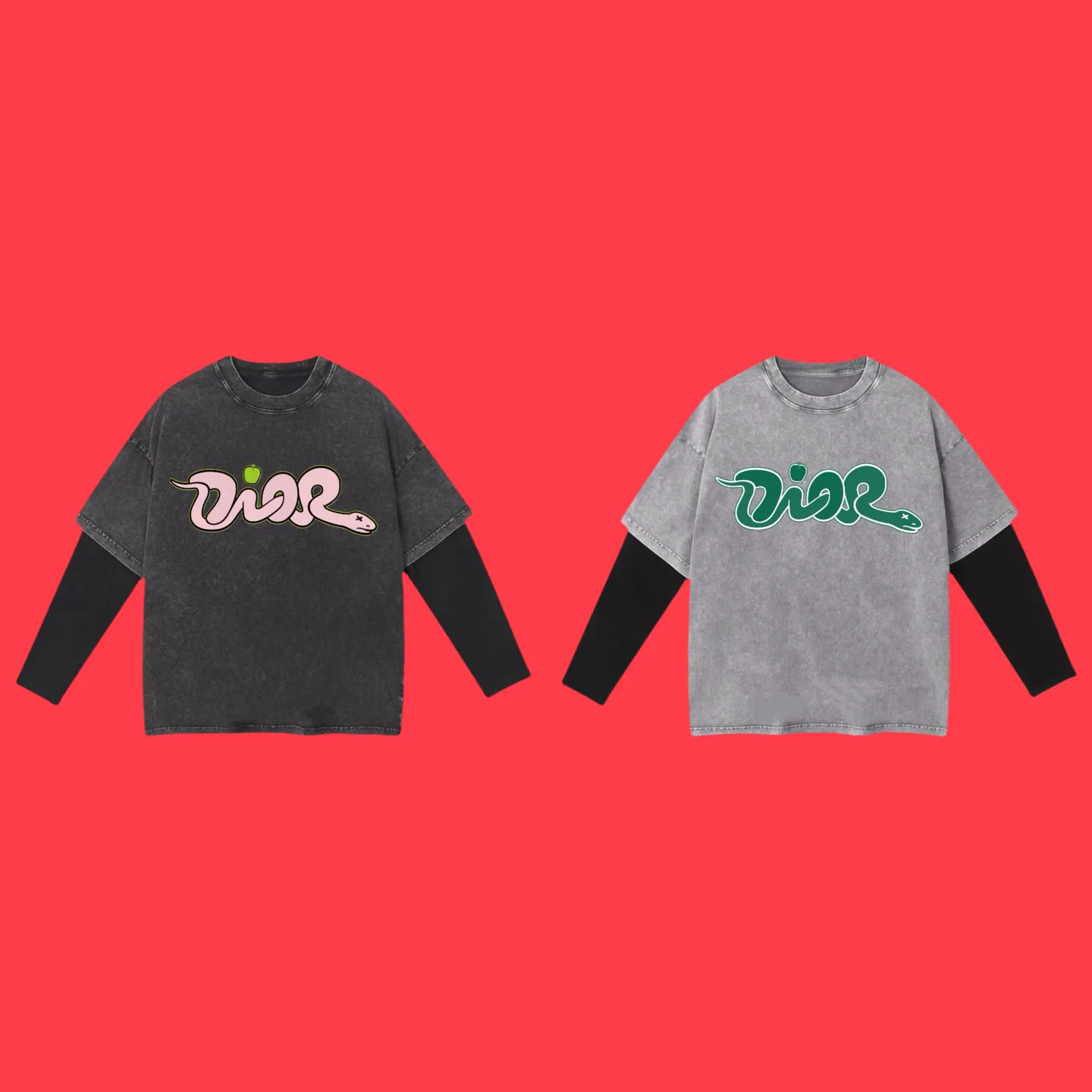 🅿️240 (cooperation profit) High-end quality DIOR 2025SS spring and summer wear fake two-piece washed snowflake series Year of the Snake 🐍 series fake two-piece long T-shirt Using imported Kornit digital direct-injection printing High-quality trendy brand 100% cotton washed 260G fabric dyed ready-made garments dyed➕washed fried snowflake OS loose off-shoulder version same style for men and women size：S.M.L.XL.2XL