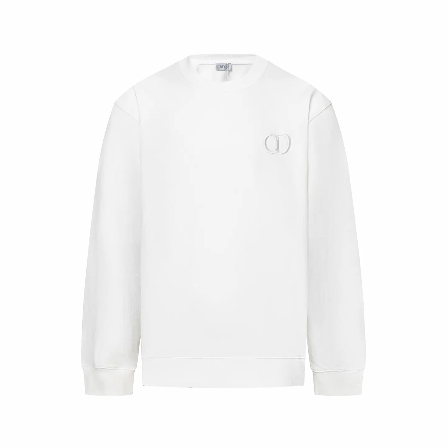 🅿️340 CD logo embroidered crew neck sweatshirt (white) The fabric is made of high-quality white cotton fleece fabric, which is soft and comfortable to the touch, bringing a warm wearing experience. The fabric is made of 100% cotton, which has good breathability and skin-friendliness. The sweatshirt adopts a regular fit design and is discreetly decorated with the same-tone CD Icon embroidery logo on the chest, showing exquisite craftsmanship in every detail. The collar, cuffs and hem are all designed with ribbed edges, which not only enhances the crispness of the overall silhouette, but also keeps the clothing durable and without deformation. Exquisite sewing technology ensures that every seam is smooth and firm, reflecting the brand's strict requirements for quality. This sweatshirt not only retains the comfort of sports and leisure, but also shows the texture of high fashion through exquisite detail processing, making it suitable for daily wear in various occasions. Size:S-M-L-XL