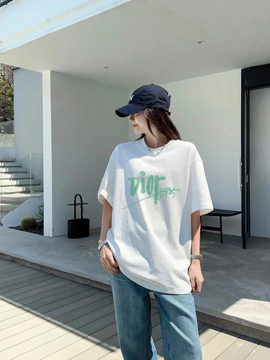 🅿️170 [DIOR Dior] 2025FW short-sleeved T-shirt LOGO printing High-end 26s double yarn 300g fabric Heavy fabric Customized frame ribbing in the same cylinder and dyeing Complete three standards Same style for men and women Color: Black White Size: S M L XL 2XL