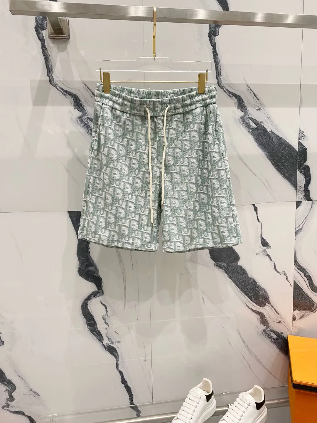 🅿️210 DIOR towel fabric shorts, full printed presbyopic letter LOGO towel fabric set, official synchronization, high version, high quality, fashionable personality, versatile trend, pure original quality, original fabric, tag, collar label, washed wheat, complete three standards, color: black, blue, light green. Size: XS-L