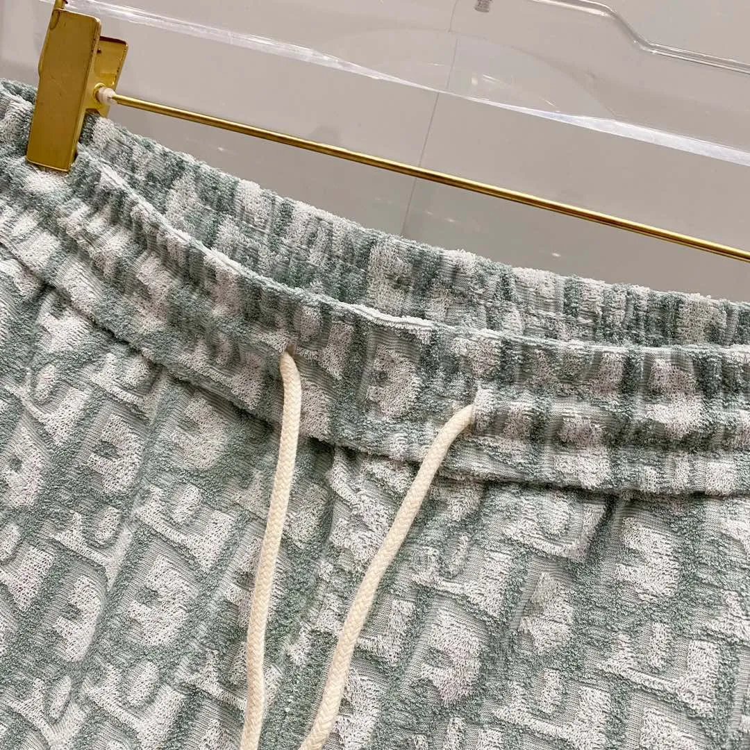 🅿️210 DIOR towel fabric shorts, full printed presbyopic letter LOGO towel fabric set, official synchronization, high version, high quality, fashionable personality, versatile trend, pure original quality, original fabric, tag, collar label, washed wheat, complete three standards, color: black, blue, light green. Size: XS-L