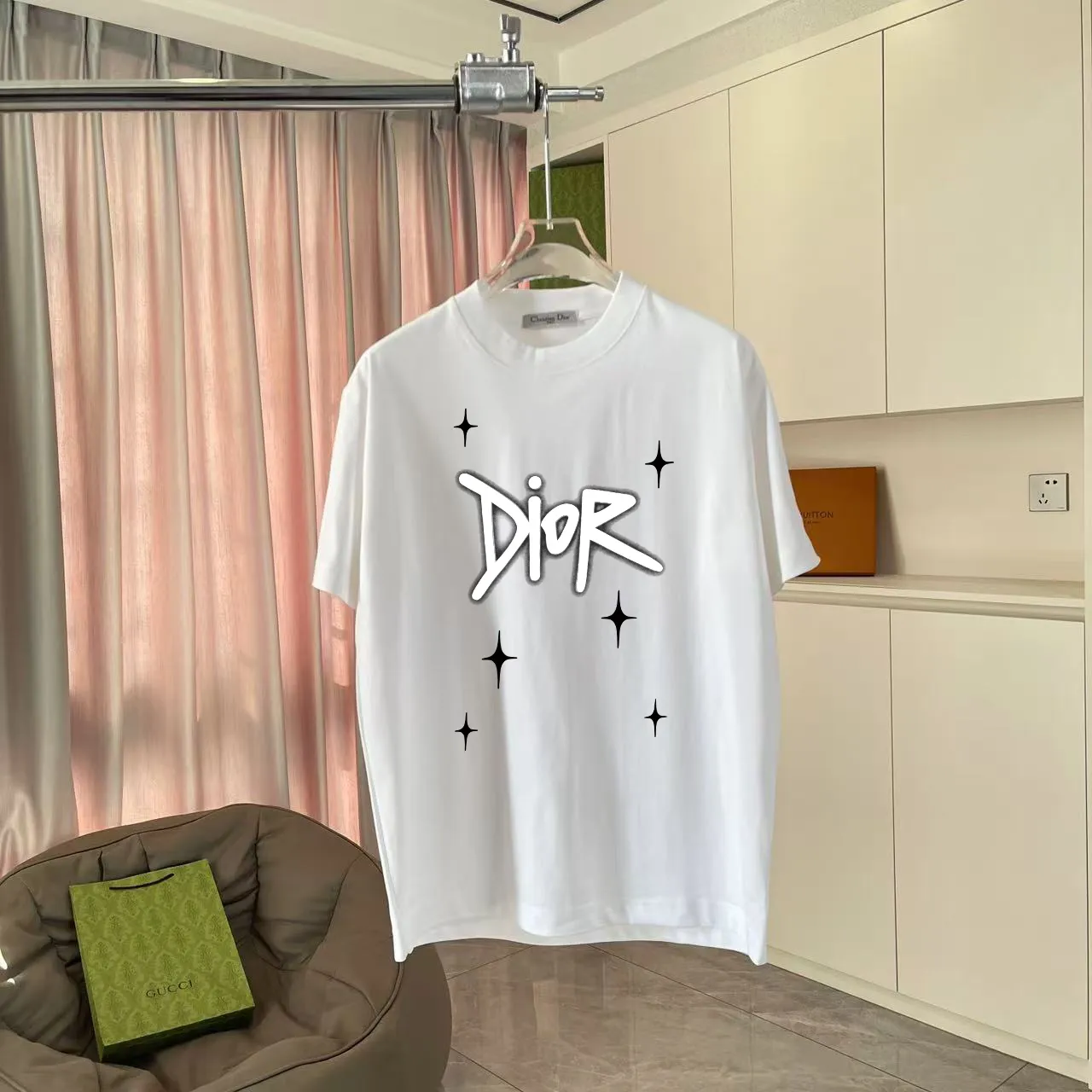 🅿️170 Dio*2025 autumn new style Personalized letter logo printing Short-sleeved T-shirt Customized fabric 300g Same style for men and women Color: black white lake green iron gray Size: S M L XL XXL five sizes