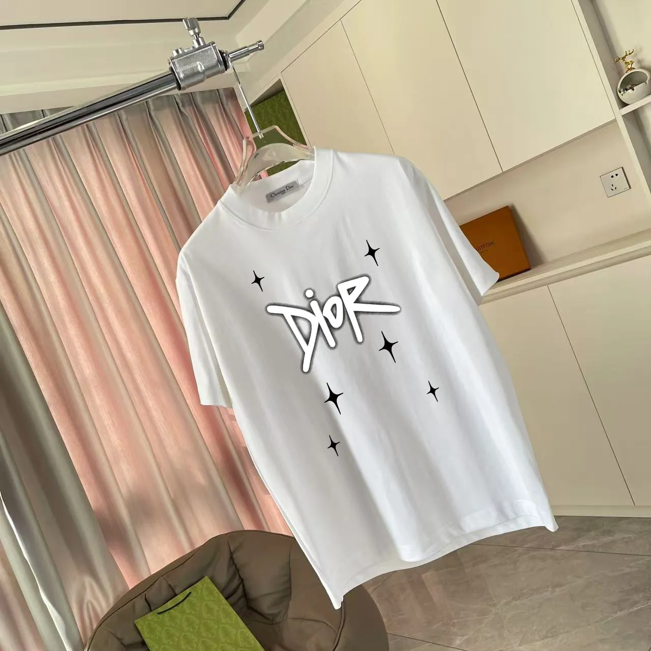 🅿️170 Dio*2025 autumn new style Personalized letter logo printing Short-sleeved T-shirt Customized fabric 300g Same style for men and women Color: black white lake green iron gray Size: S M L XL XXL five sizes