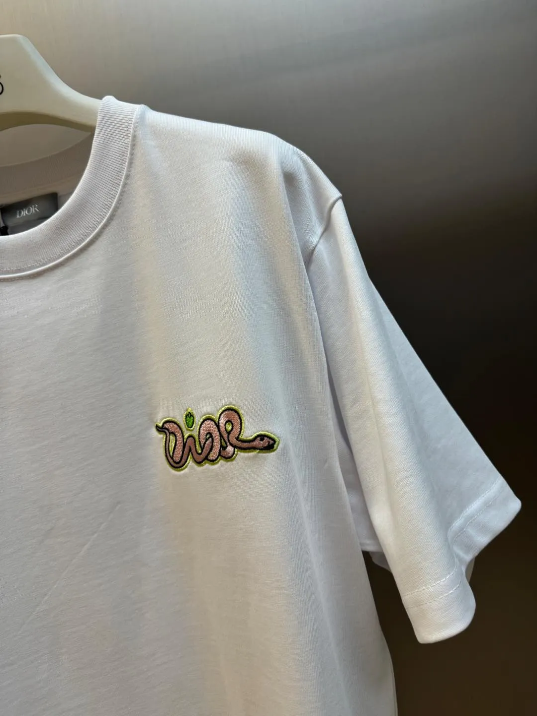 🅿️280 Dior Apple Snake Embroidered Chapter Short Sleeve Made of pure cotton 12S fine cotton plain fabric, 310g. The embroidery pattern is based on tatami embroidery technology. The embroidery uses a special single-needle arrangement. The stitches are tight and flat, forming a texture similar to the tatami grid, making the embroidery pattern have a strong three-dimensional and layered feel. Embroidered with silk threads of multiple colors, the colors are bright and contrasting, showing rich patterns and details.  The outline is stroked by needle embroidery, the embroidery pattern is matched with the brand logo design, and the brand letter logo is single-needle flat embroidered. Made from a variety of needlework; the outline of the pattern is embroidered with a single straight line and straight silk thread. The outline edges and letter embroidery are stitched together to create clear and rich three-dimensional layers.  The standard round neck and short-sleeved version has a rounded arc neckline, which is suitable for various face shapes and body shapes; the sleeve length is moderate and ends just above the elbow, showing a smart and neat image. The slim fit can show off the wearer's body curves without sacrificing comfort. The collar, cuffs, hem and other parts are all sewn with fine double-needle stitching.  size：xs s m l