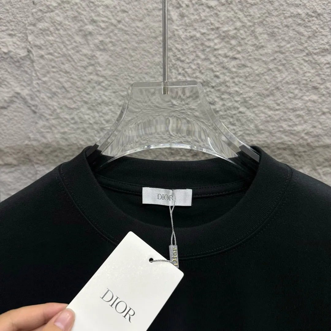 🅿️180 Dio* Dior 2025 spring and summer new style Classic letter silver thread embroidery Customized double yarn plain cotton fabric Short-sleeved T-shirt Uniform for men and women Size: S (90-130 catties) M (120-150 catties) L (140-165 catties) XL (160-180 catties) XXL (180-210 catties) Color: black white