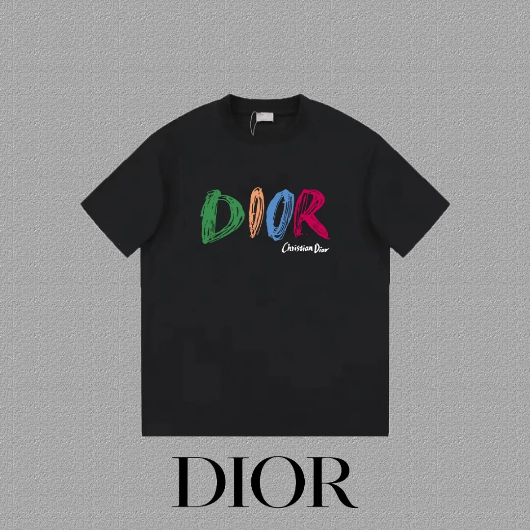 🅿️170 [DIOR Dior] 2025FW short-sleeved T-shirt LOGO printing High-end 26s double yarn 300g fabric Heavy fabric Customized frame ribbing in the same cylinder and dyeing Complete three standards Same style for men and women Color: Black White Size: S M L XL 2XL