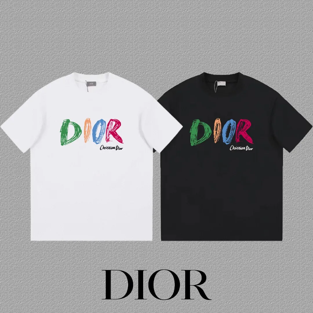 🅿️170 [DIOR Dior] 2025FW short-sleeved T-shirt LOGO printing High-end 26s double yarn 300g fabric Heavy fabric Customized frame ribbing in the same cylinder and dyeing Complete three standards Same style for men and women Color: Black White Size: S M L XL 2XL