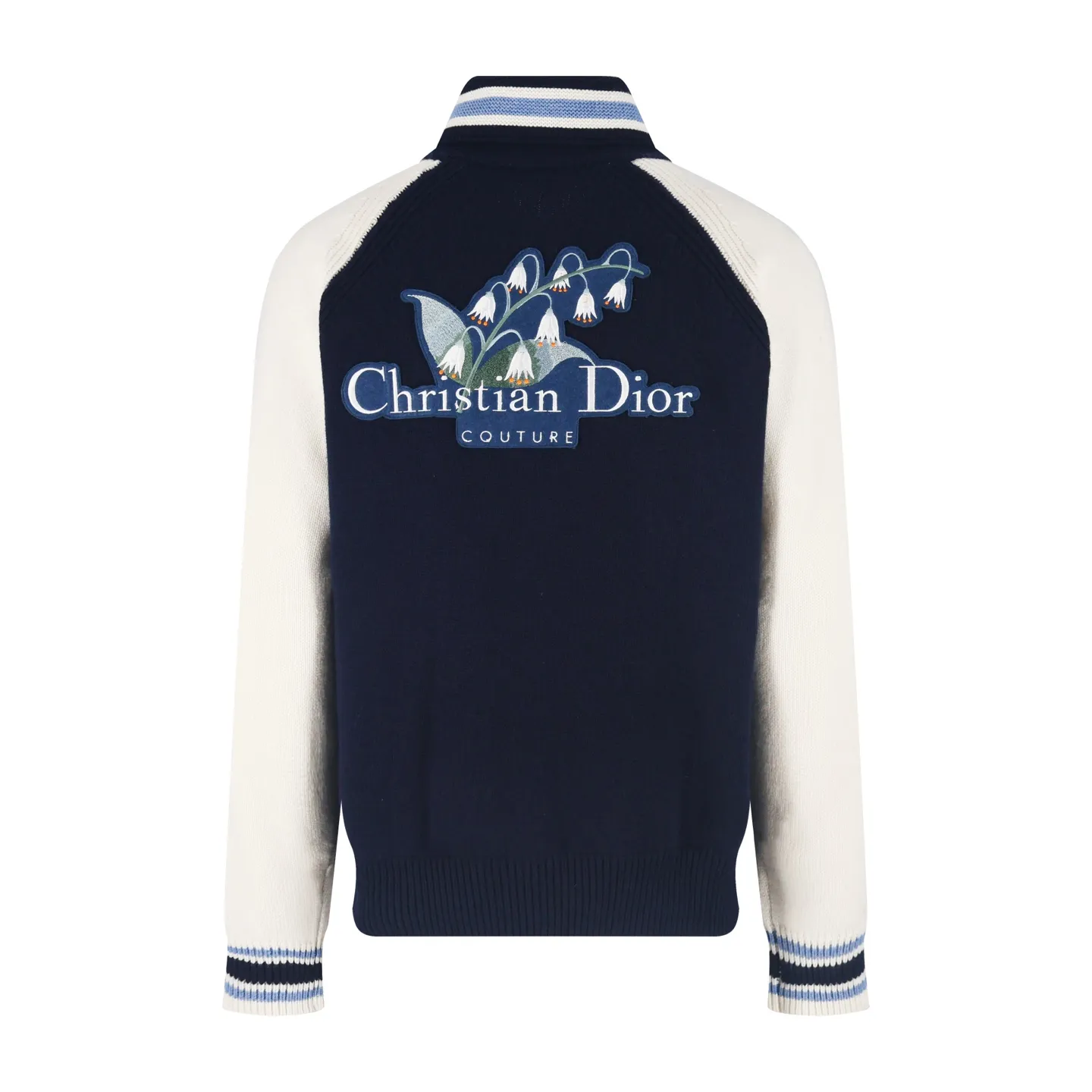 🅿️800 [Exclusive supply] CD lily of the valley embroidered college style zipper knitted jacket. This Christian Dr Couture lily of the valley embroidered two-color college style cardigan is a new product in the 2025 autumn men's wear series, reinterpreting college style with a color-blocking design. Crafted from blue and beige jersey felt, it features contrasting pockets and sleeves. Decorated with Christian Dr Couture embroidery and accented with beads and lily of the valley flowers, it pays homage to Mr. Dr's love of flowers. Pair with other pieces from the collection for a sophisticated look. Size:S-M-L