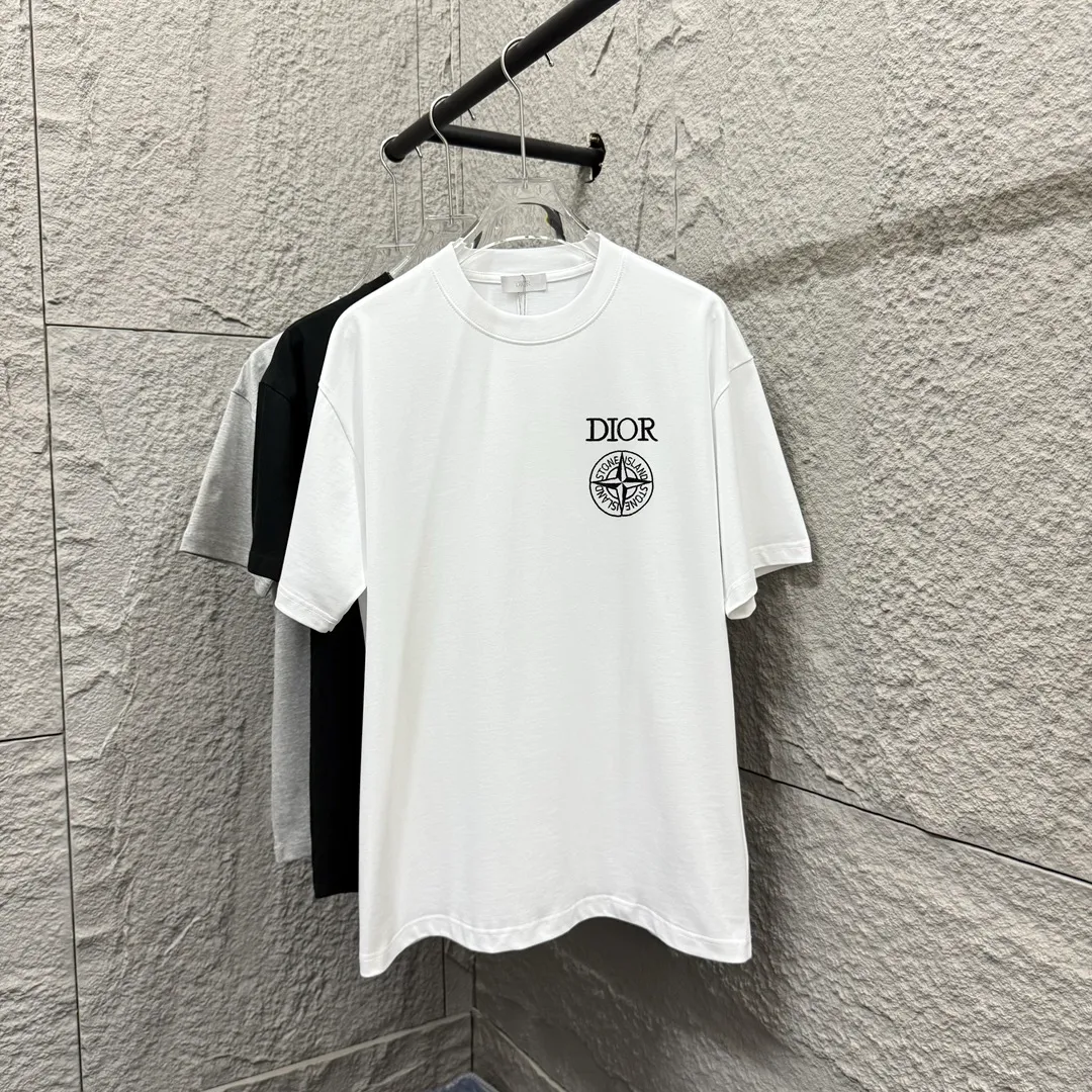 🅿️190 Dio*Dior 2025 spring and summer new style Stone joint letters embroidery Back printing Customized double yarn plain cotton fabric Short-sleeved T-shirt Unisex Size: S (90-130 catties) M (120-150 catties) L (140-165 catties) XL (160-180 catties) XXL (180-210 catties) Color: black white