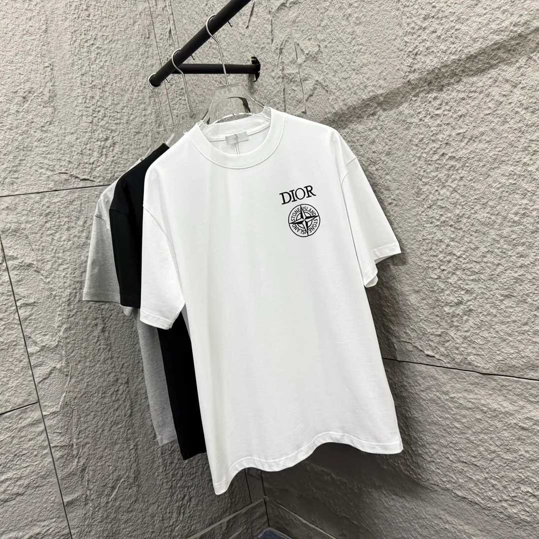 🅿️190 Dio*Dior 2025 spring and summer new style Stone joint letters embroidery Back printing Customized double yarn plain cotton fabric Short-sleeved T-shirt Unisex Size: S (90-130 catties) M (120-150 catties) L (140-165 catties) XL (160-180 catties) XXL (180-210 catties) Color: black white