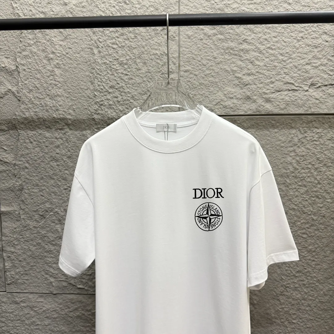 🅿️190 Dio*Dior 2025 spring and summer new style Stone joint letters embroidery Back printing Customized double yarn plain cotton fabric Short-sleeved T-shirt Unisex Size: S (90-130 catties) M (120-150 catties) L (140-165 catties) XL (160-180 catties) XXL (180-210 catties) Color: black white