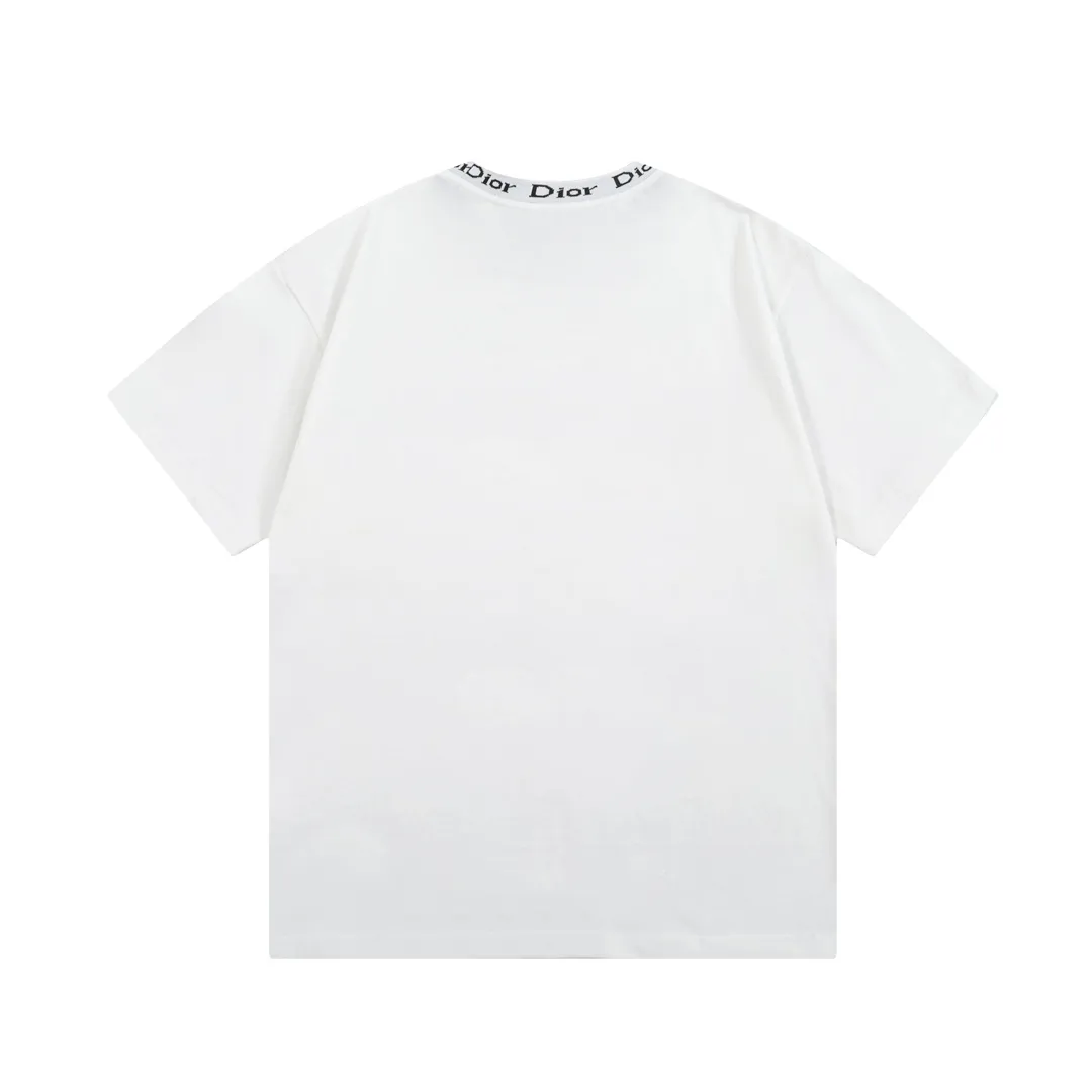 🅿️180 high version DIOR Dior 2025 early spring new style customized 310g double yarn pure cotton fabric letter logo collar chest flocking foam frame technology same style for men and women short-sleeved T-shirt Color: White Size: S-XL