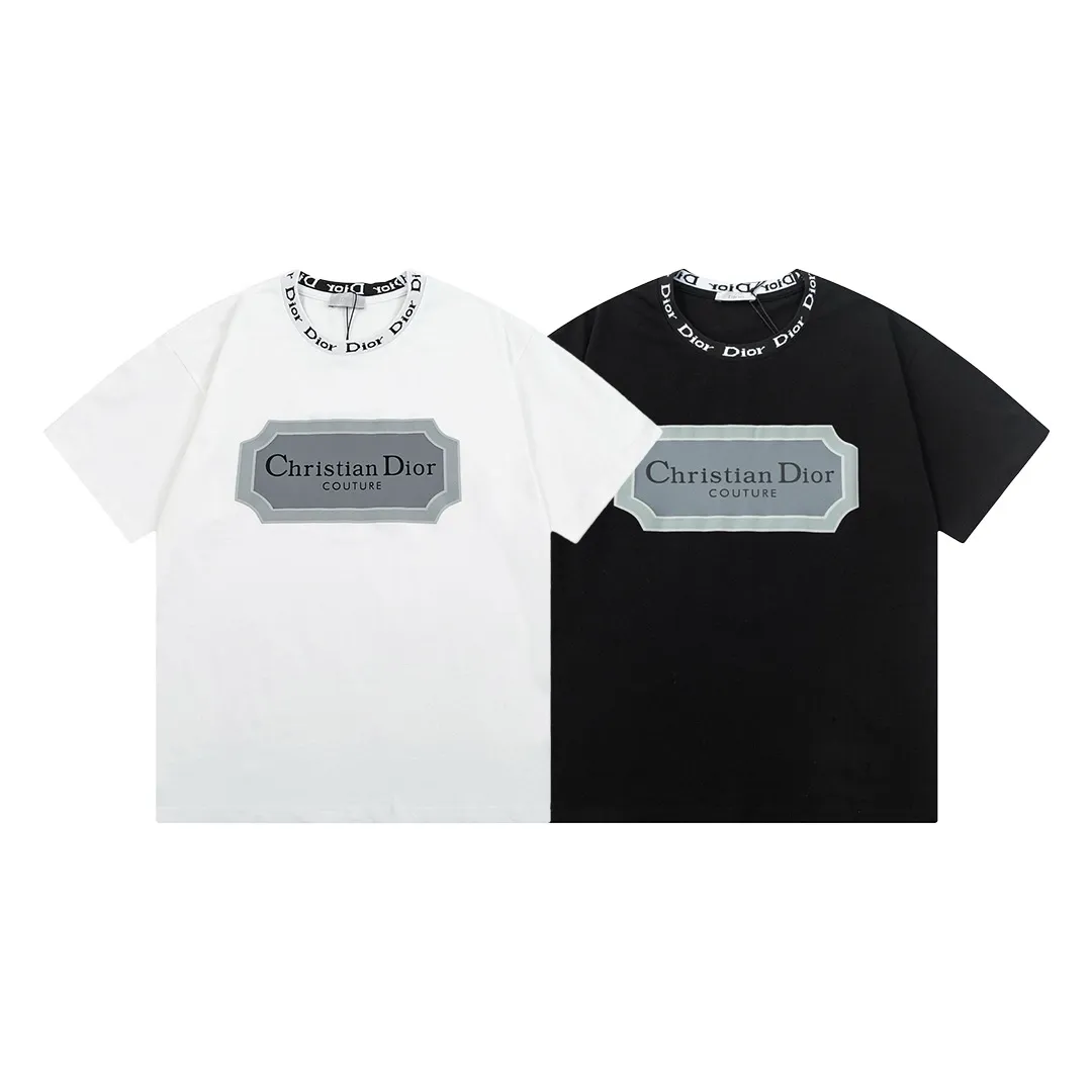 🅿️180 high version DIOR Dior 2025 early spring new style customized 310g double yarn pure cotton fabric letter logo collar chest flocking foam frame technology same style for men and women short-sleeved T-shirt Color: White Size: S-XL