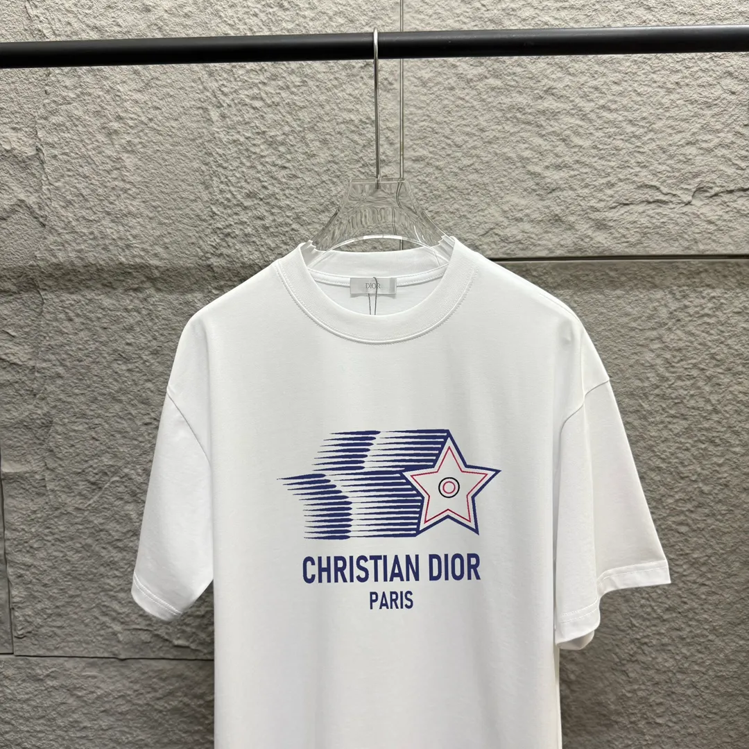🅿️180 Dio Di*O 2025 spring and summer new style Five-pointed star letter printing on the chest Short-sleeved T-shirt Customized double yarn plain cotton 300 fabric Same style for men and women Color: black white apricot Size: S (90-130 catties) M (120-150 catties) L (140-165 catties) XL (160-180 catties) XXL (180-210 pounds)