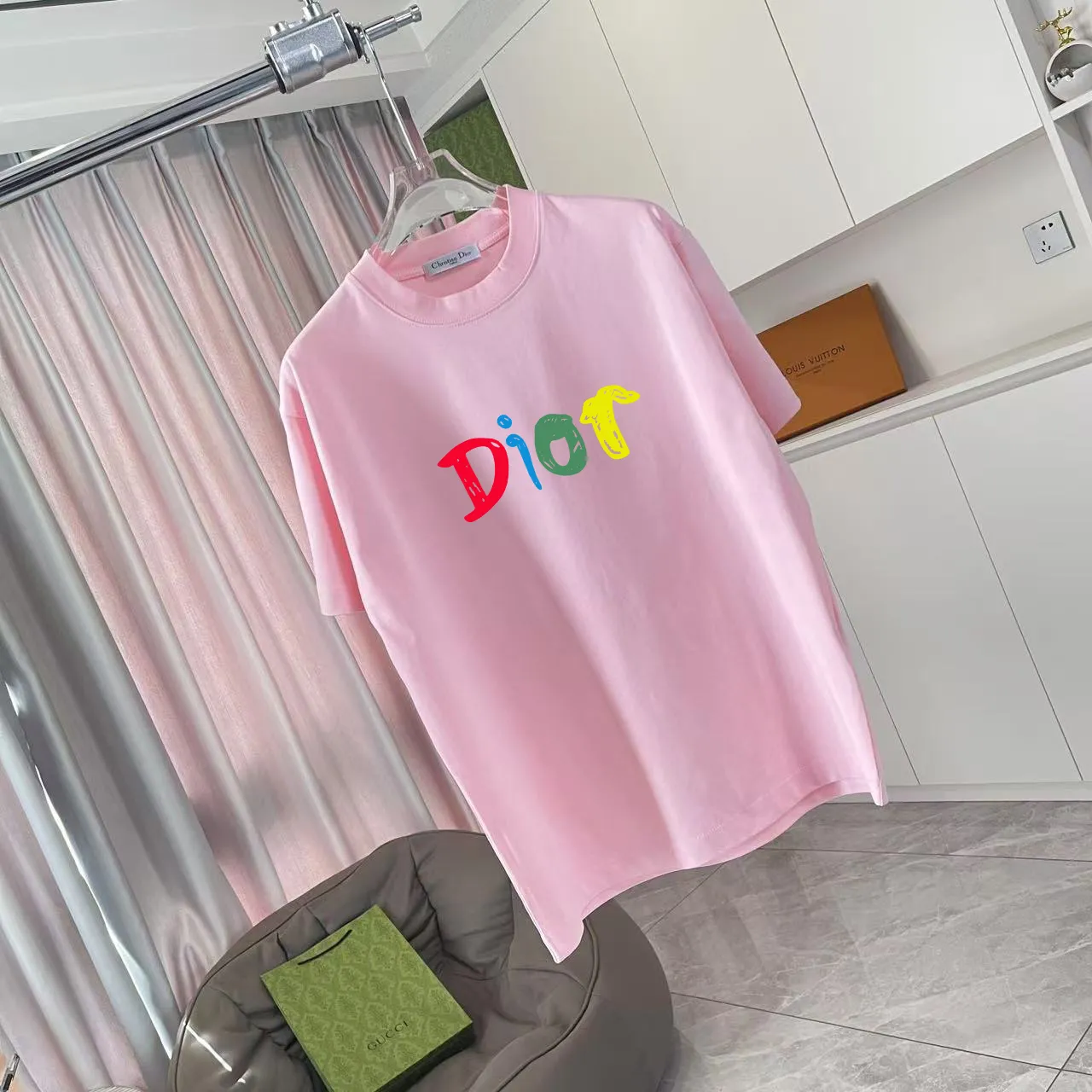 🅿️170 Dio Dior 2025 summer new style personalized letter logo printing short-sleeved T-shirt customized fabric 300g same style for men and women Color: black white pink lake green purple Size: S M L XL XXL five sizes