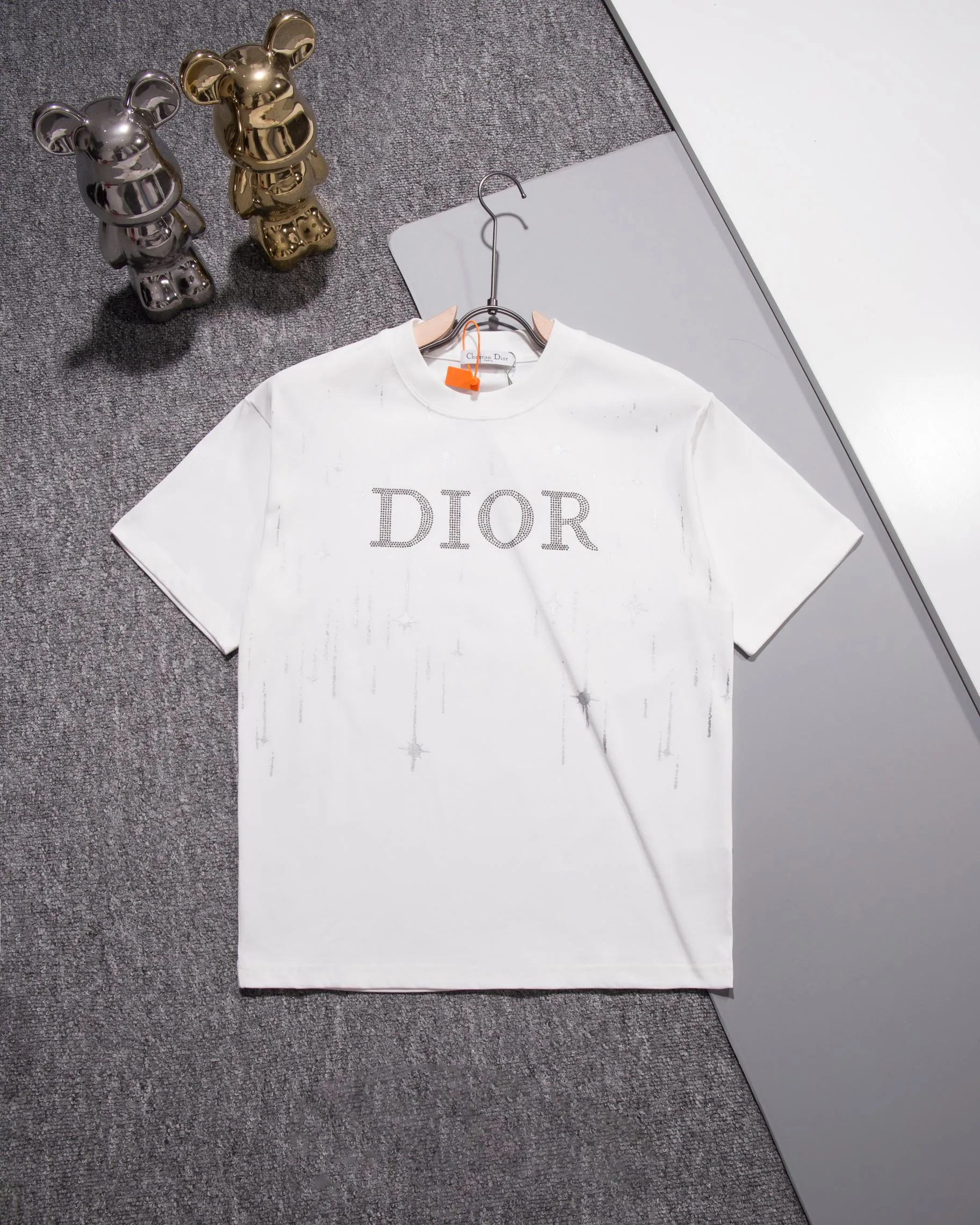 🅿️200 DIOR Dior round neck short-sleeved T-shirt printed hot diamond LOGO official synchronization 1:1 original mold opening fashion personality versatile trend pure original quality original washed fabrics hangtag collar label washed wheat complete three standards Color: Black. White. Size: S M L XL