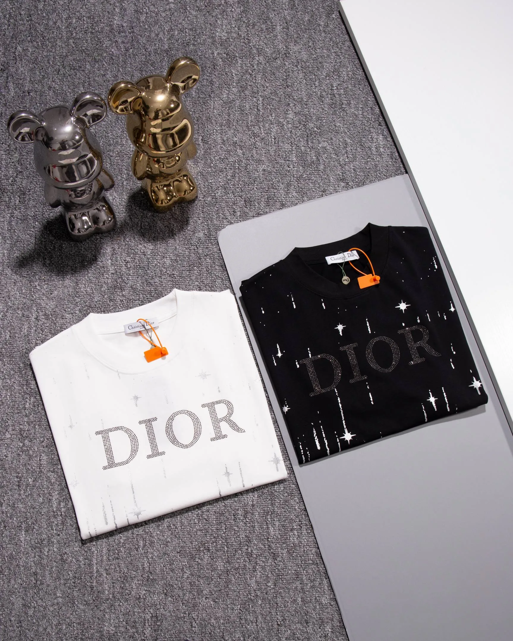 🅿️200 DIOR Dior round neck short-sleeved T-shirt printed hot diamond LOGO official synchronization 1:1 original mold opening fashion personality versatile trend pure original quality original washed fabrics hangtag collar label washed wheat complete three standards Color: Black. White. Size: S M L XL