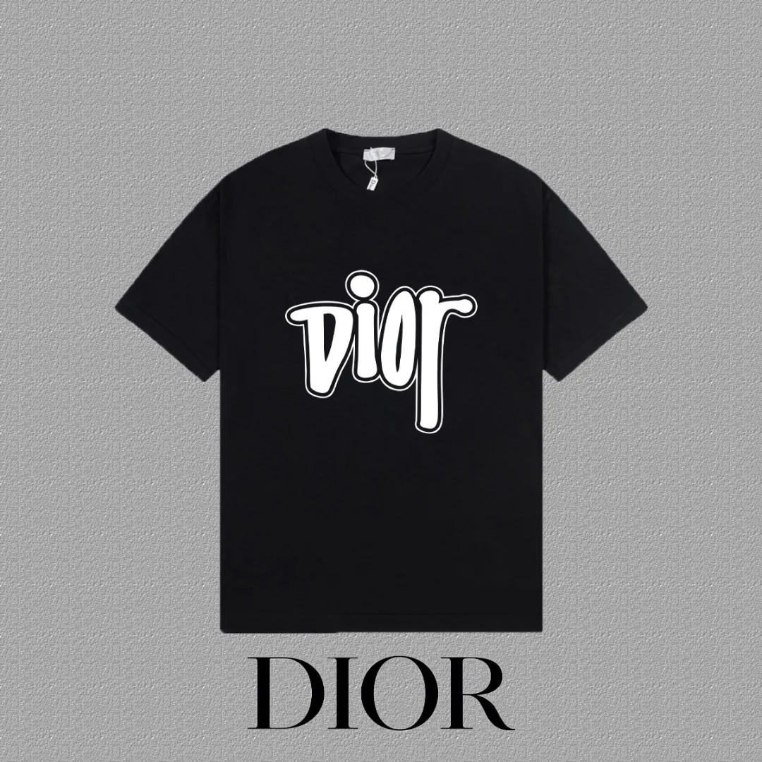 🅿️170 [DIOR Dior] 2025FW short-sleeved T-shirt LOGO printing High-end 26s double yarn 300g fabric Heavy fabric Customized frame ribbing in the same cylinder and dyeing Complete three standards Same style for men and women Color: Black White Size: S M L XL 2XL