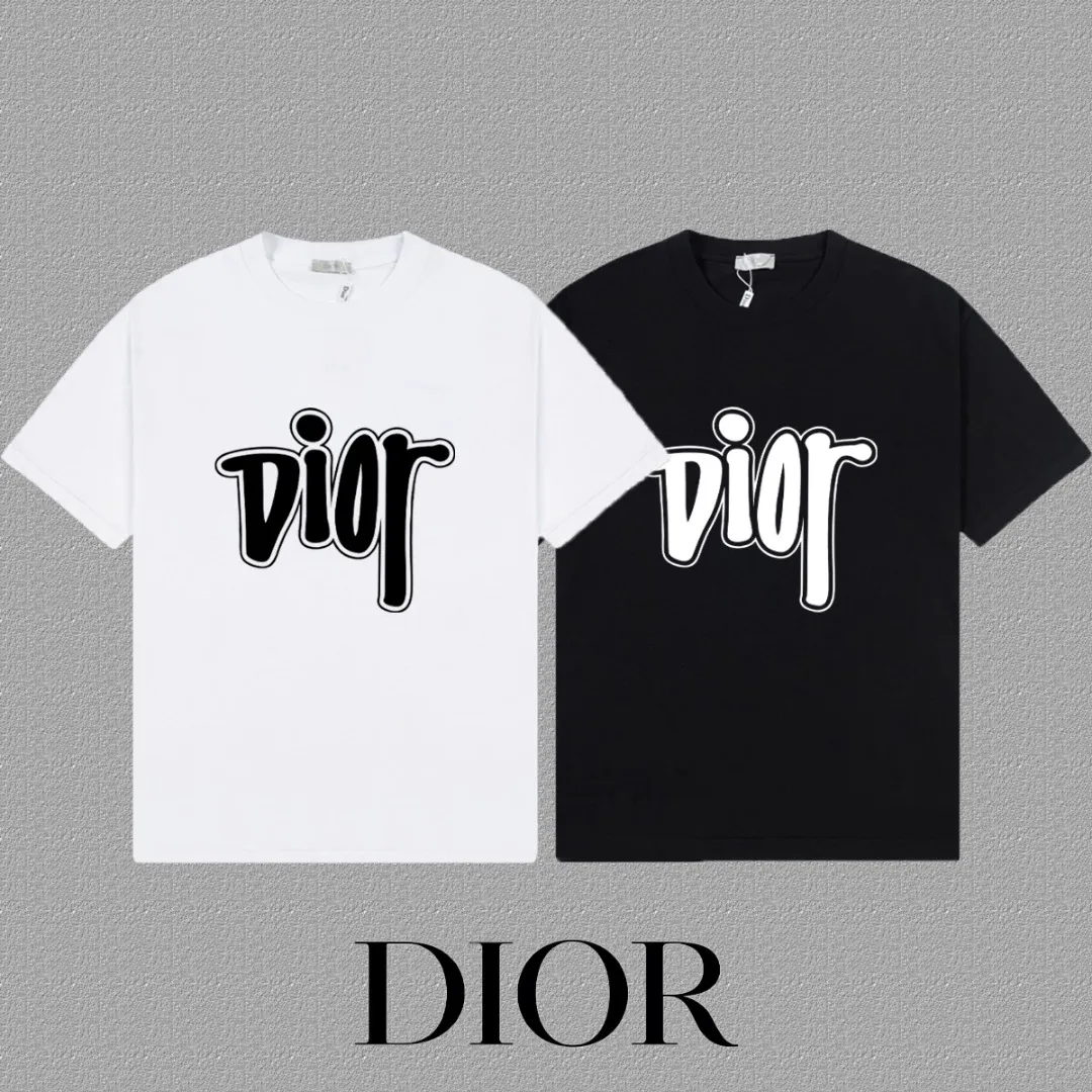 🅿️170 [DIOR Dior] 2025FW short-sleeved T-shirt LOGO printing High-end 26s double yarn 300g fabric Heavy fabric Customized frame ribbing in the same cylinder and dyeing Complete three standards Same style for men and women Color: Black White Size: S M L XL 2XL