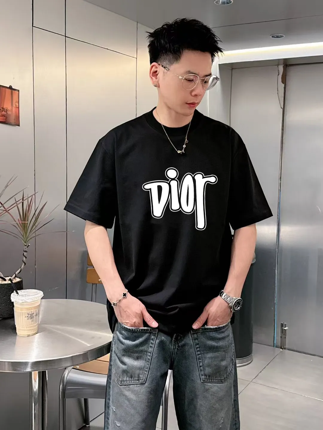 🅿️170 [DIOR Dior] 2025FW short-sleeved T-shirt LOGO printing High-end 26s double yarn 300g fabric Heavy fabric Customized frame ribbing in the same cylinder and dyeing Complete three standards Same style for men and women Color: Black White Size: S M L XL 2XL