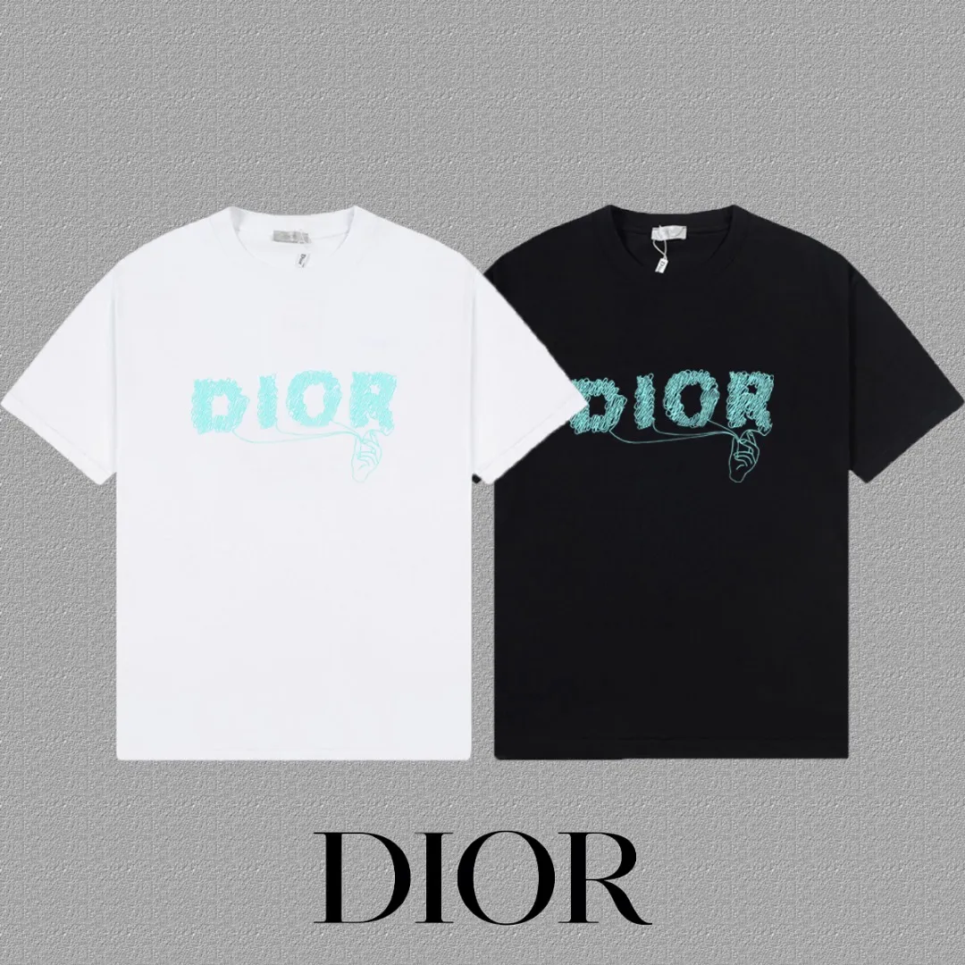 🅿️170 [DIOR Dior] 2025FW short-sleeved T-shirt LOGO printing High-end 26s double yarn 300g fabric Heavy fabric Customized frame ribbing in the same cylinder and dyeing Complete three standards Same style for men and women Color: Black White Size: S M L XL 2XL