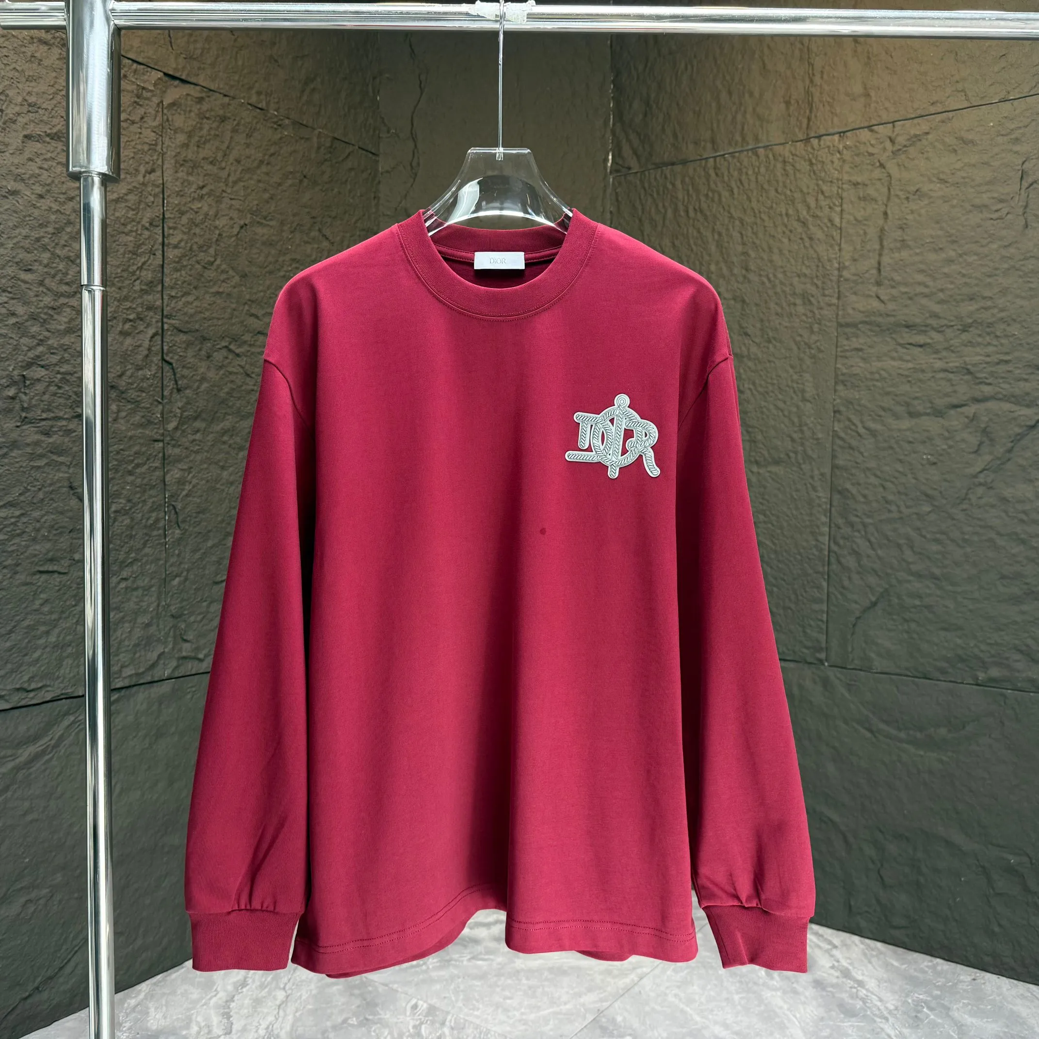 🅿️230 Dio* Dior* 2025 autumn and winter new thick long-sleeved T-shirt 320g pure cotton letter logo three-dimensional silicone Color: Black White Angora Red Size: S M L XL