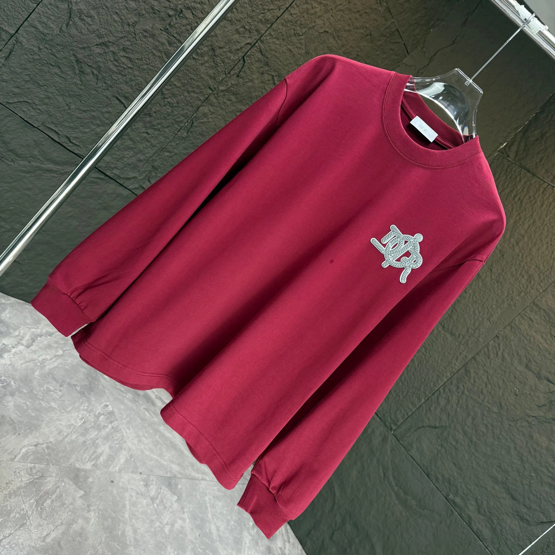 🅿️230 Dio* Dior* 2025 autumn and winter new thick long-sleeved T-shirt 320g pure cotton letter logo three-dimensional silicone Color: Black White Angora Red Size: S M L XL