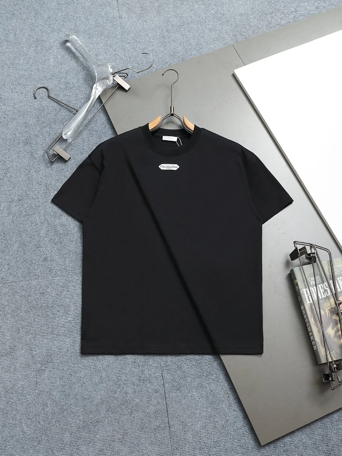 🅿️170 Dior 260g round neck short-sleeved T-shirt, simple towel color block embroidered small label LOGO light luxury design, official synchronization, high version, high quality, fashionable personality, versatile trend, pure original quality, original fabric, tag, collar label, washed wheat, three labels complete, color: black, white, size: XS-L