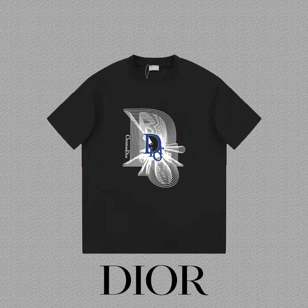 🅿️170 [DIOR Dior] 2025FW short-sleeved T-shirt LOGO printing High-end 26s double yarn 300g fabric Heavy fabric Customized frame ribbing in the same cylinder and dyeing Complete three standards Same style for men and women Color: Black White Size: S M L XL 2XL