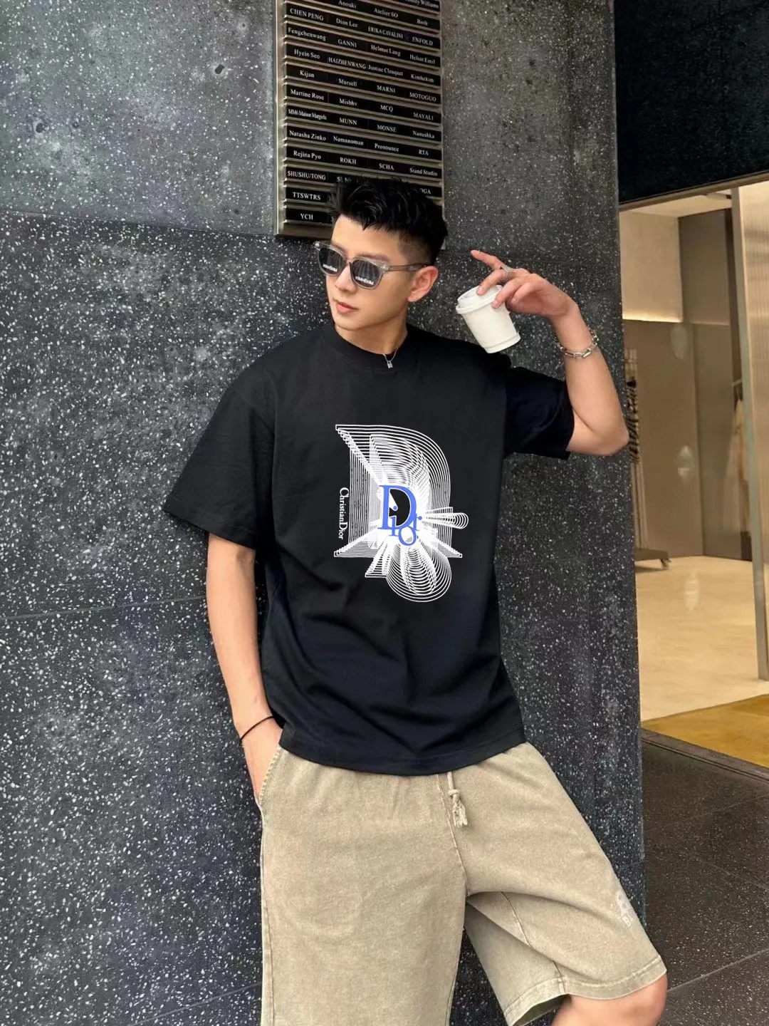 🅿️170 [DIOR Dior] 2025FW short-sleeved T-shirt LOGO printing High-end 26s double yarn 300g fabric Heavy fabric Customized frame ribbing in the same cylinder and dyeing Complete three standards Same style for men and women Color: Black White Size: S M L XL 2XL