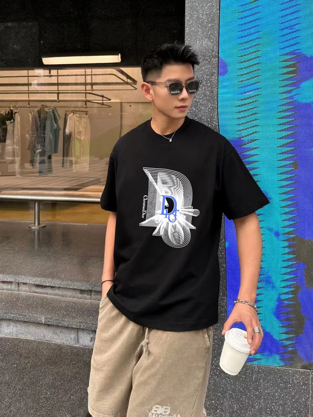 🅿️170 [DIOR Dior] 2025FW short-sleeved T-shirt LOGO printing High-end 26s double yarn 300g fabric Heavy fabric Customized frame ribbing in the same cylinder and dyeing Complete three standards Same style for men and women Color: Black White Size: S M L XL 2XL