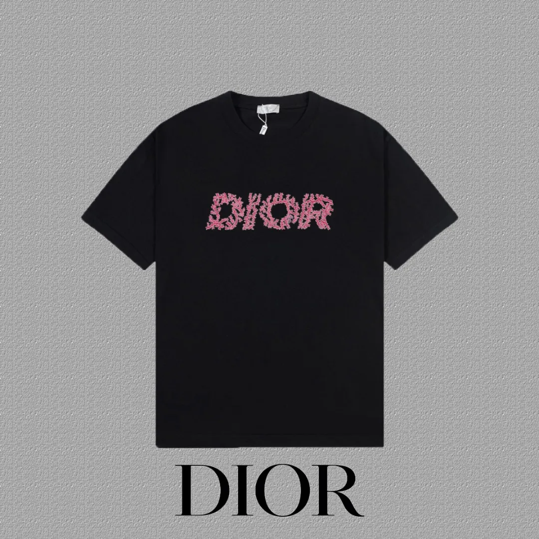 🅿️170 [DIOR Dior] 2025FW short-sleeved T-shirt LOGO printing High-end 26s double yarn 300g fabric Heavy fabric Customized frame ribbing in the same cylinder and dyeing Complete three standards Same style for men and women Color: Black White Size: S M L XL 2XL