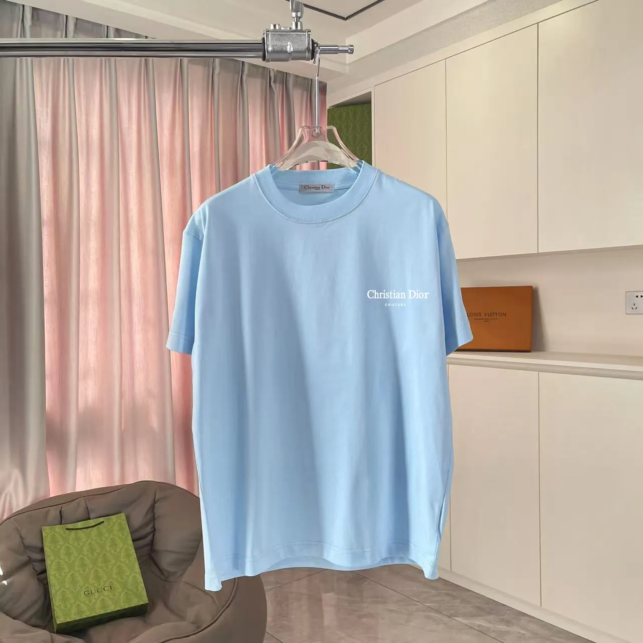 🅿️170 Dio Dior 2025 summer new style Personalized letter logo printing Short-sleeved T-shirt Customized fabric 300g Same style for men and women Color: Black White Sky Blue Iron Gray Size: S M L XL XXL Five codes​