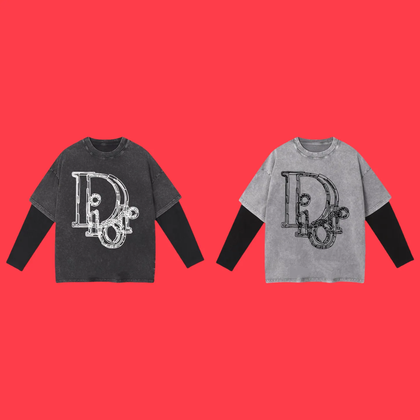 🅿️240 (Profit from cooperation) High-end quality DIOR 2025SS spring and summer clothing Fake two-piece washed snowflake series Fake two-piece long T-shirt with line logo Adopt imported Kornit digital direct printing printing High-quality trendy brand 100% cotton washed 260G fabric dyed ready-made garments dyed ➕ washed fried snowflake OS loose off-shoulder version Unisex size: S.M.L.XL.2XL